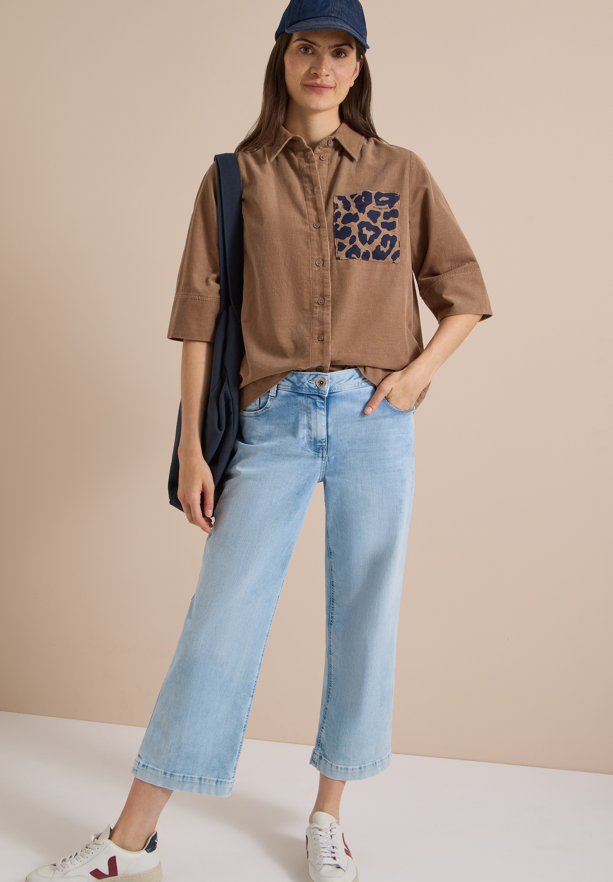 Cecil Kurzarmbluse Sommerbluse aus Cord mit Leo-Brusttasche
