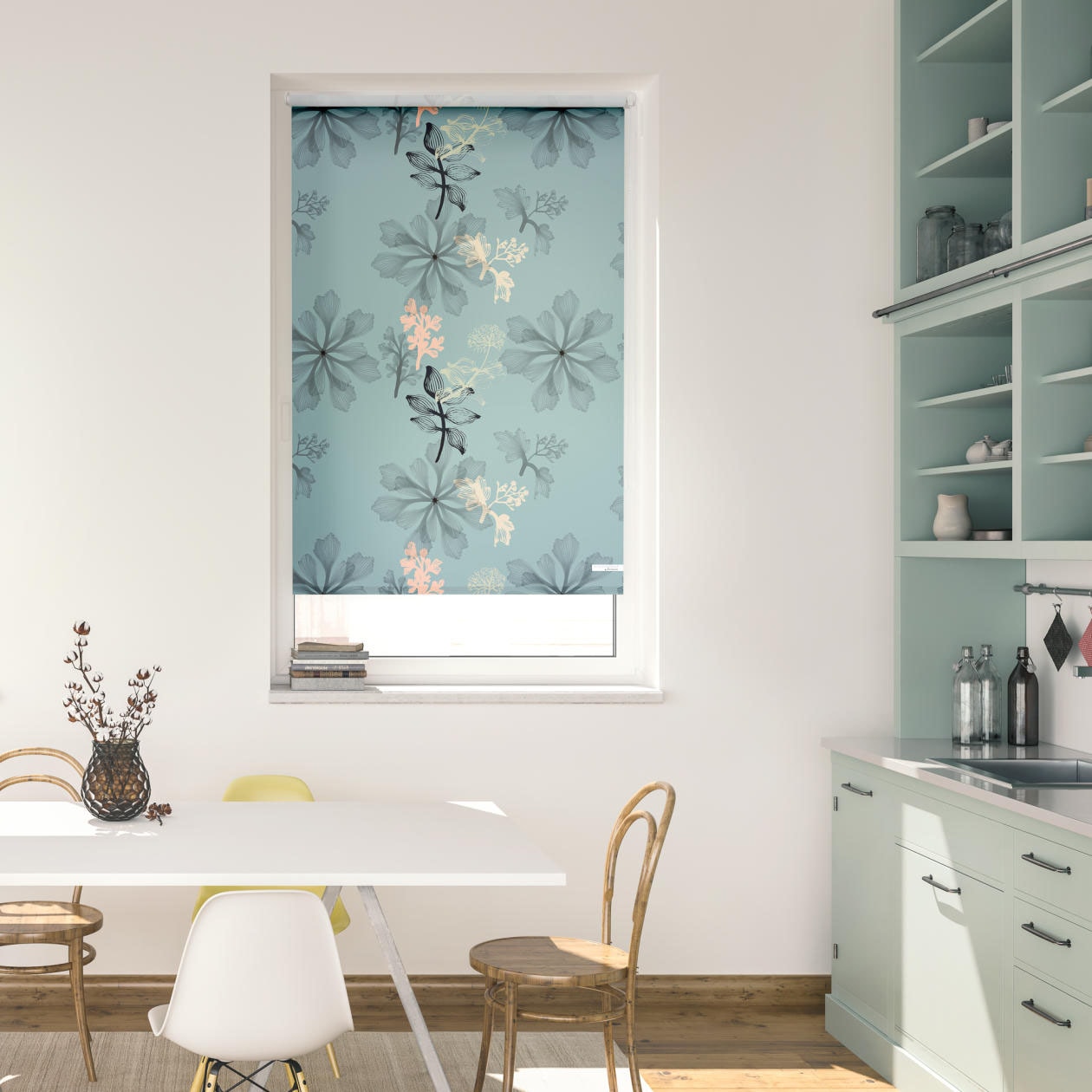 Image of LICHTBLICK ORIGINAL Seitenzugrollo "Rollo Klemmfix, ohne Bohren, blickdicht, Aqua Floral - Blau" blickdicht Blendschutz Sichtschutz freihängend