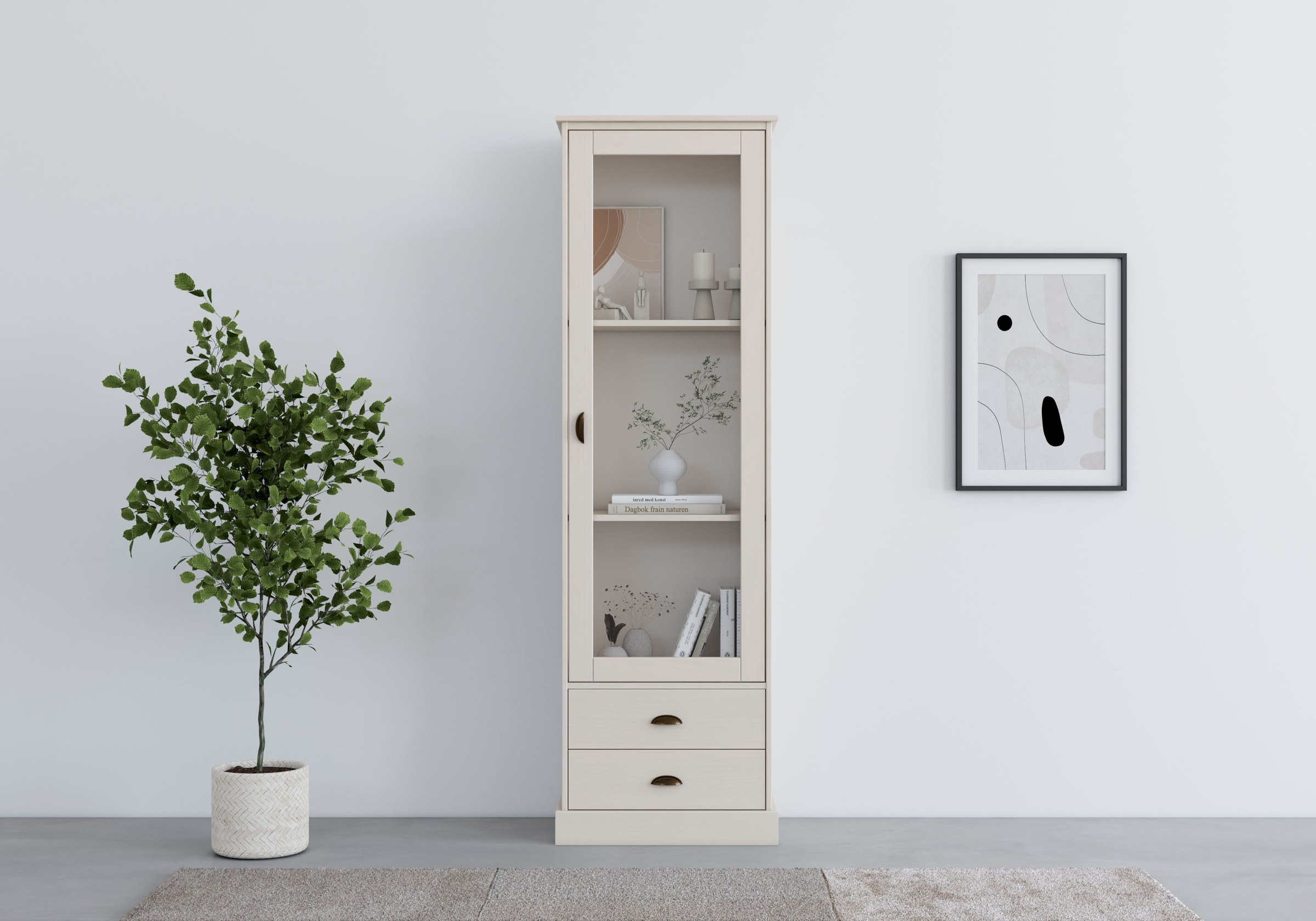 Image of GOODproduct Vitrine "Schröder" mit 1 Schiebetür, 2 Schubkästen, aus massivem Kiefernholz, Breite 55cm