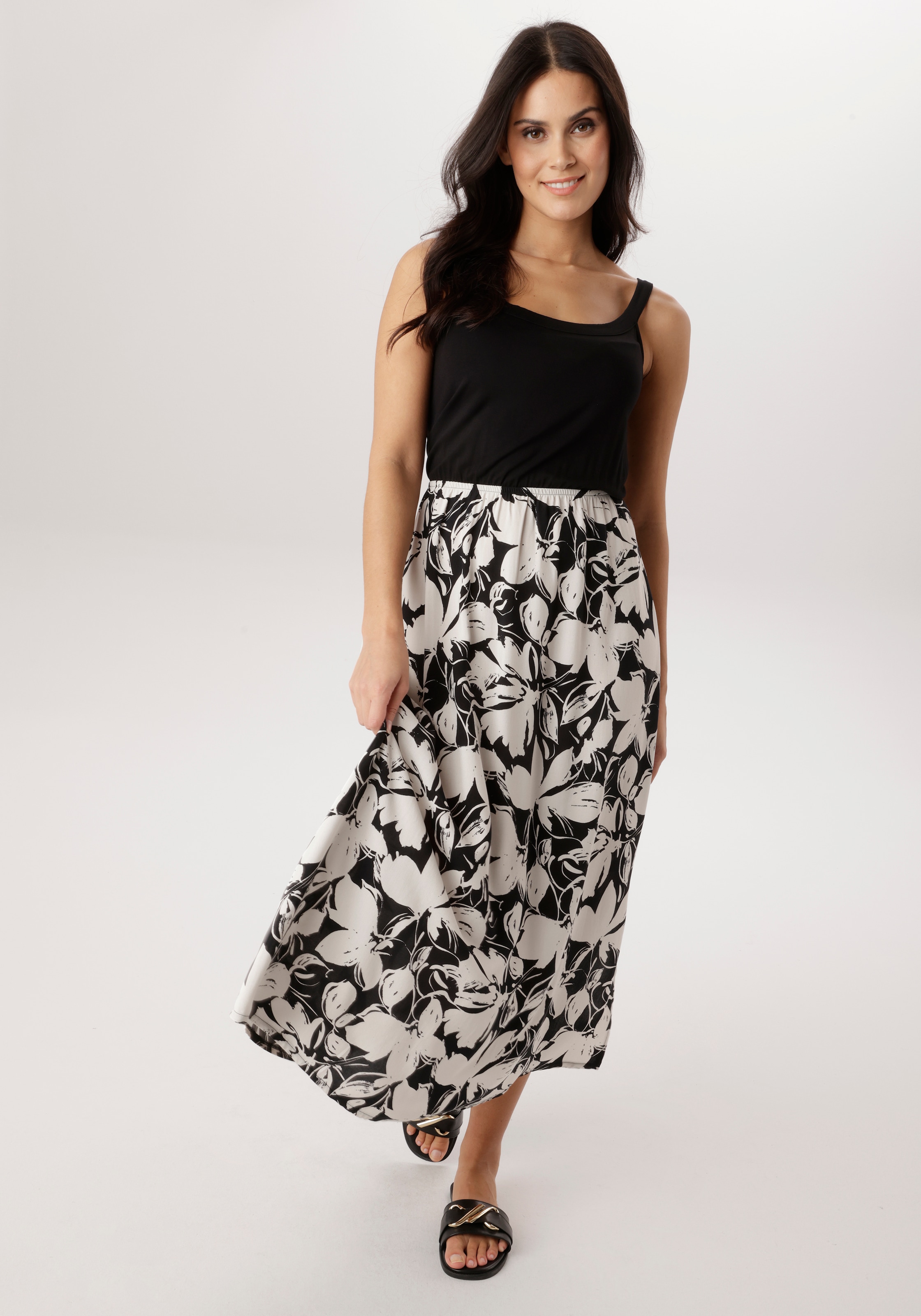 Image of Aniston SELECTED Sommerkleid unifarbenes Shirtteil und geblümten Rockteil - NEUE KOLLEKTION