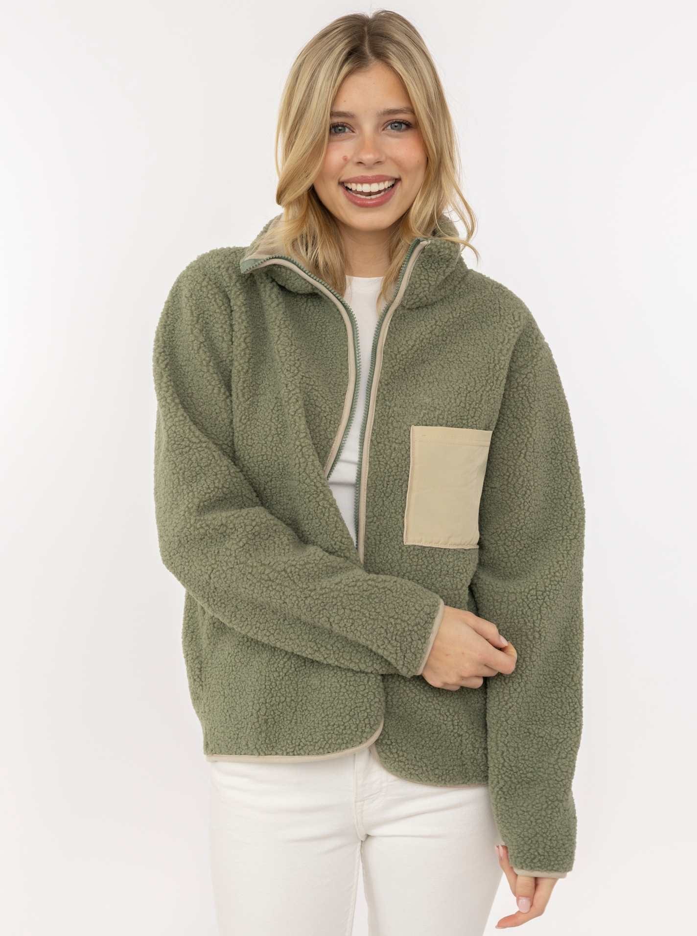 Image of Zwillingsherz Kapuzensweatjacke ""Classic"" kuscheliges Teddy-Fleece, Kontrastdetails, Brutstasche, Stehkragen