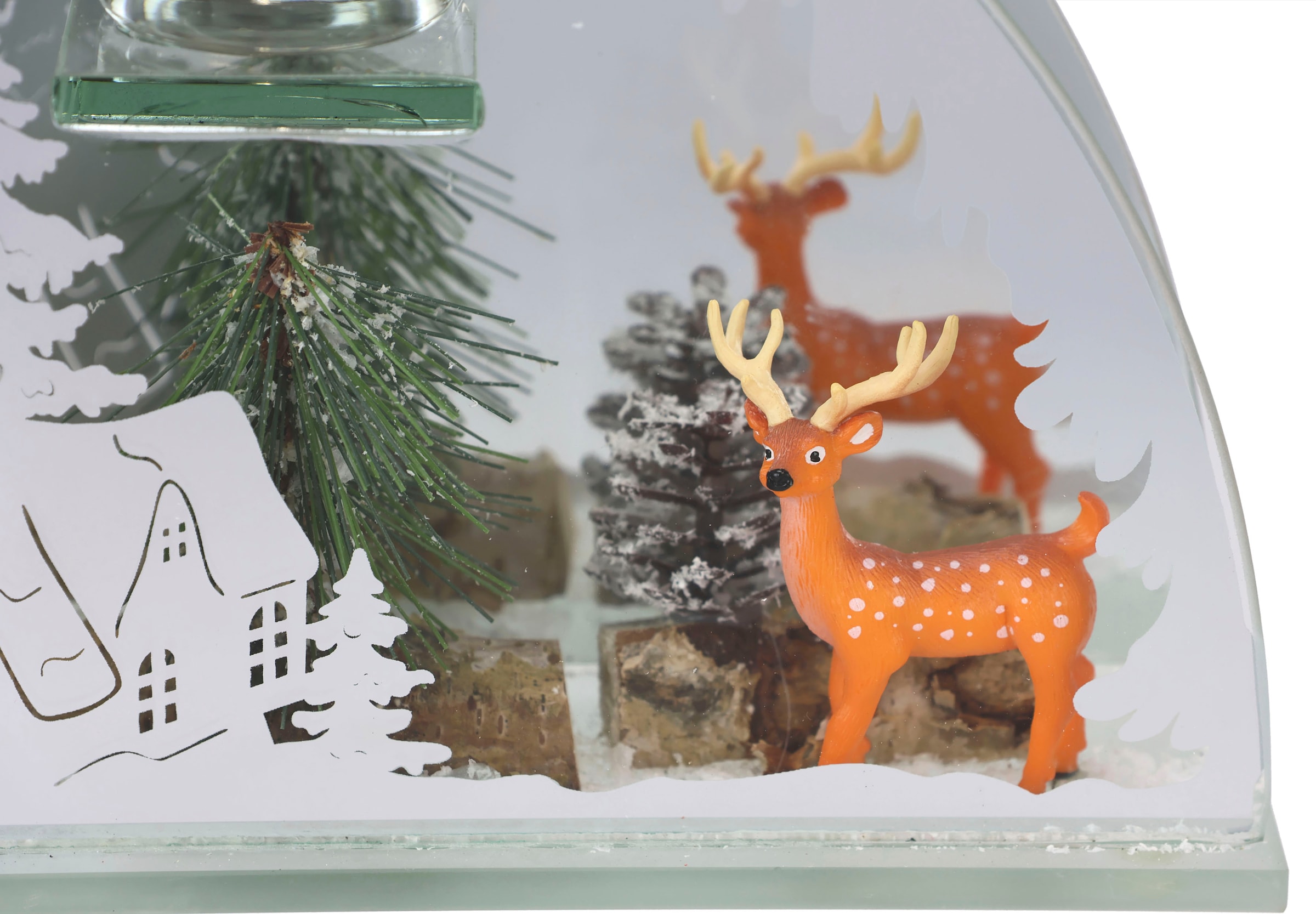 I.GE.A. Teelichthalter »Weihnachtsdeko, Kerzenhalter, Deko-Objekt«, (1 St.), aus Spiegelglas, mit Hirsch-Deko in Winterlandschaft, Höhe ca. 15 cm