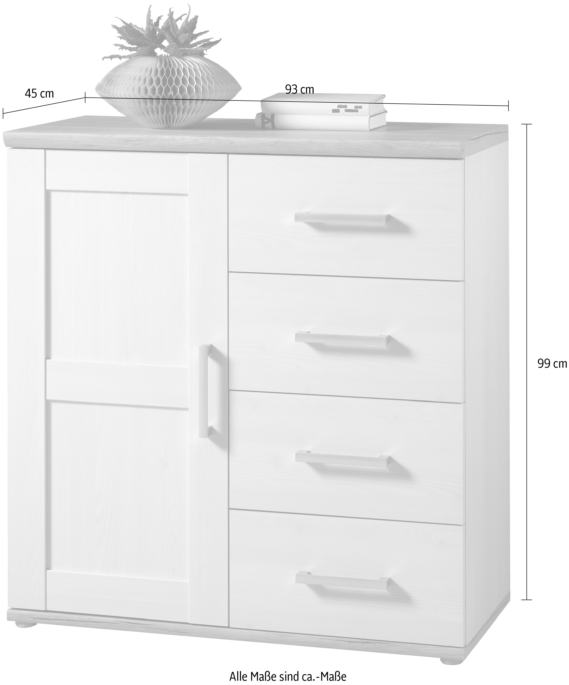 HBZ Kommode »Romance im Landhaustil, BxHxT 93x99x45 cm« Schrank mit 1 Tür, 4 Schubkästen und 2 Einlegeböden