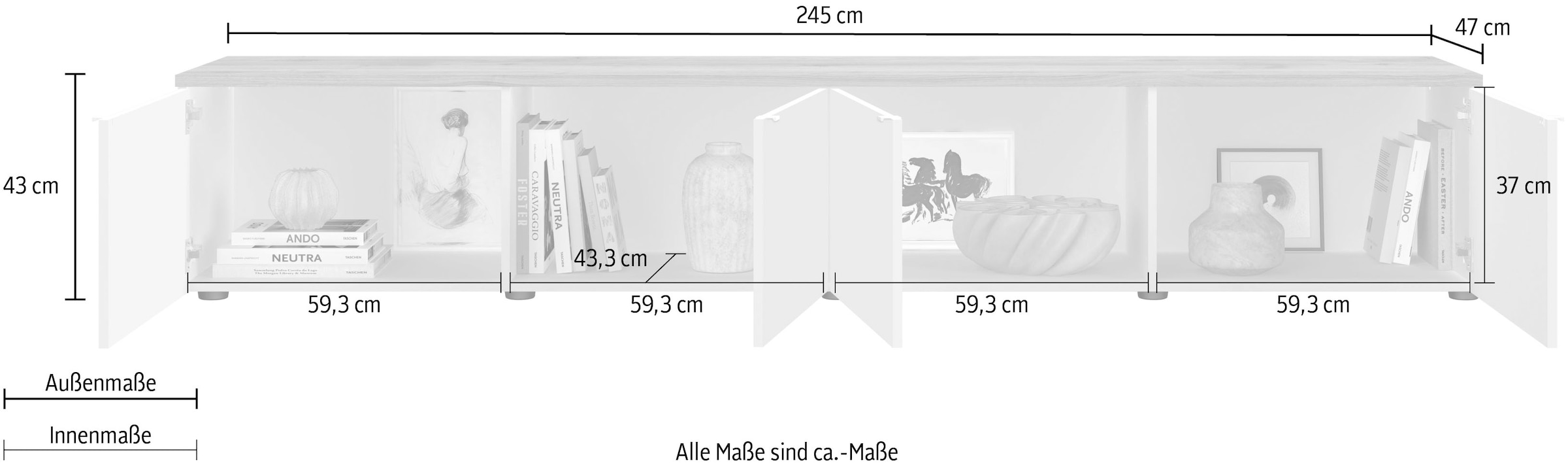 Home affaire Table basse »Easy, 245 cm breit, 47 cm tief, 4 Türen, Top 22 mm stark, Mediaboard« Modernes Lowboard für bis zu 98-Zoll-TV – perfekt für die WM
