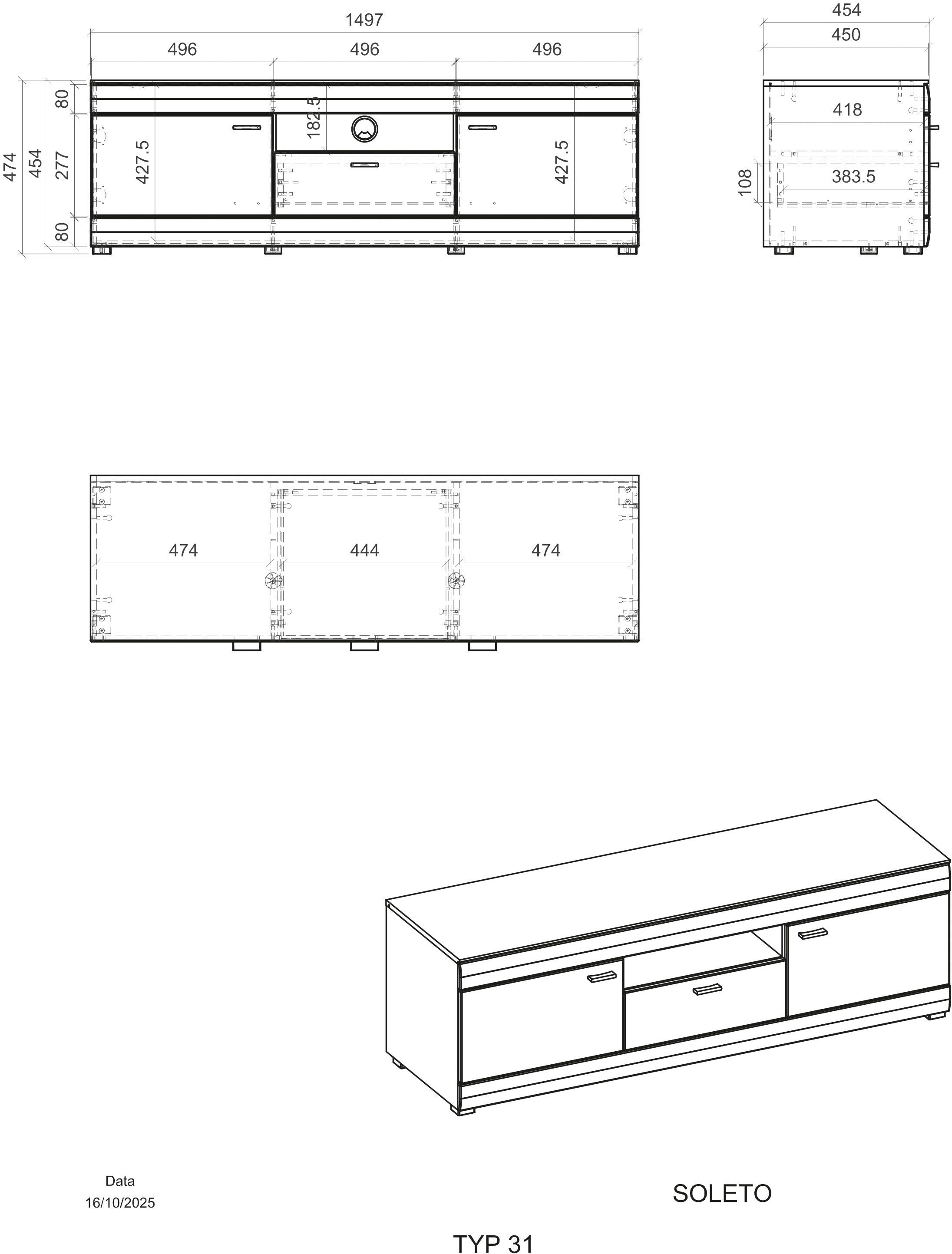 Home affaire Table basse »Soleto, moderner TV-Schrank, Kommode, TV-Unterschrank« zeitlos, schwarze Griffe aus Metall, ausreichend Stauraum