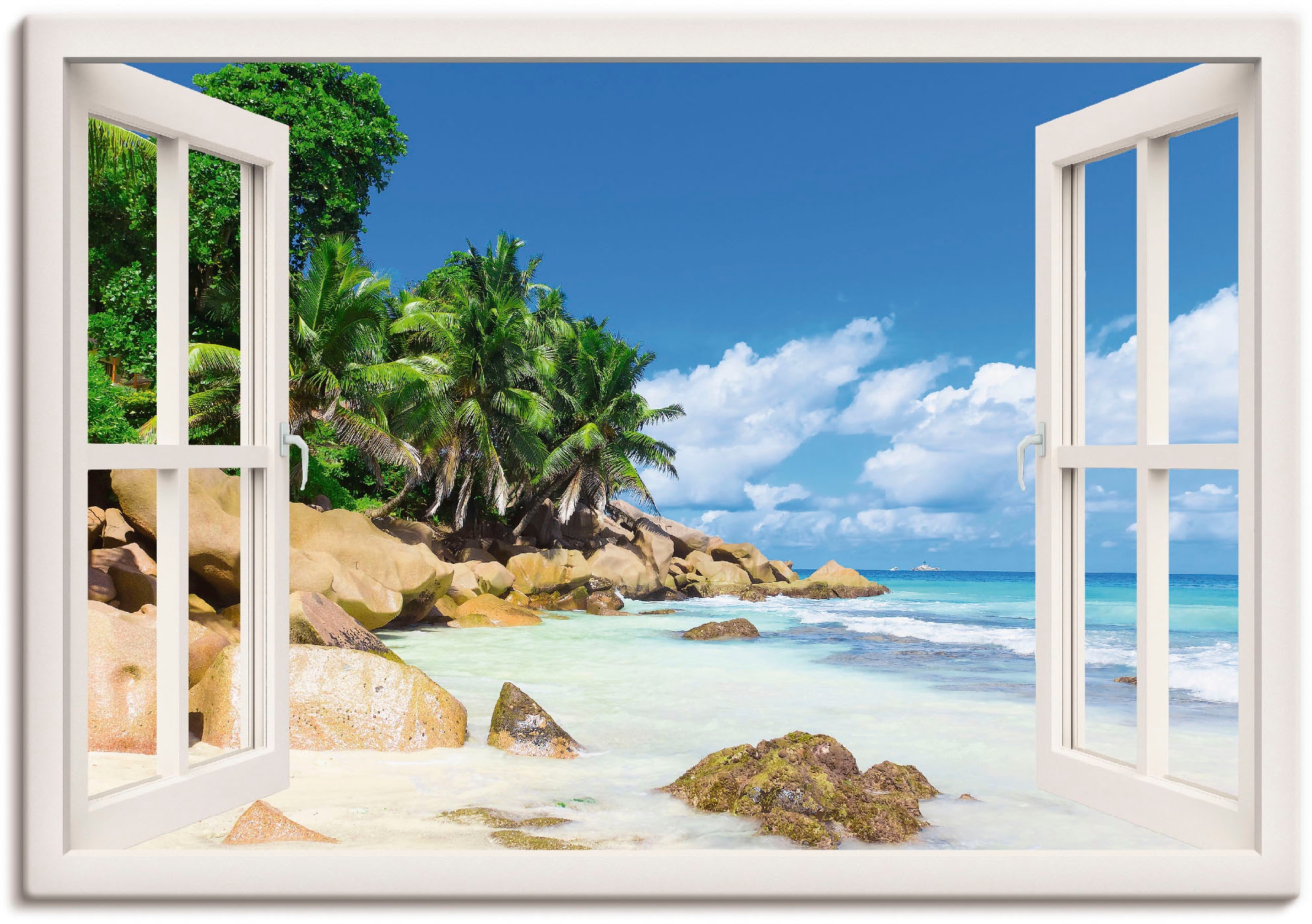 Image of Artland Wandbild "Küste mit Palmen durchs Fenster" Karibikbilder 1 Stk. tlg. als Leinwandbild, Poster in verschied. Grössen