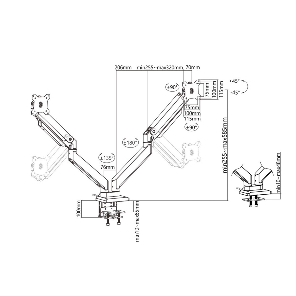 ROLINE Monitorarm, Tischmontage »ROLINE LCD-Doppelarm, Tischmontage, Gasfeder, je 5 Gelenke, bis 2x 15 kg«