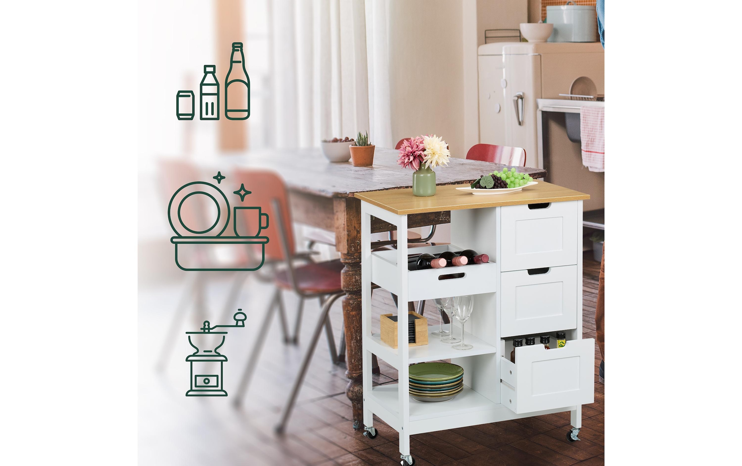 relaxdays Chariot de cuisine »Rollwagen mit Arbeitsplatte«