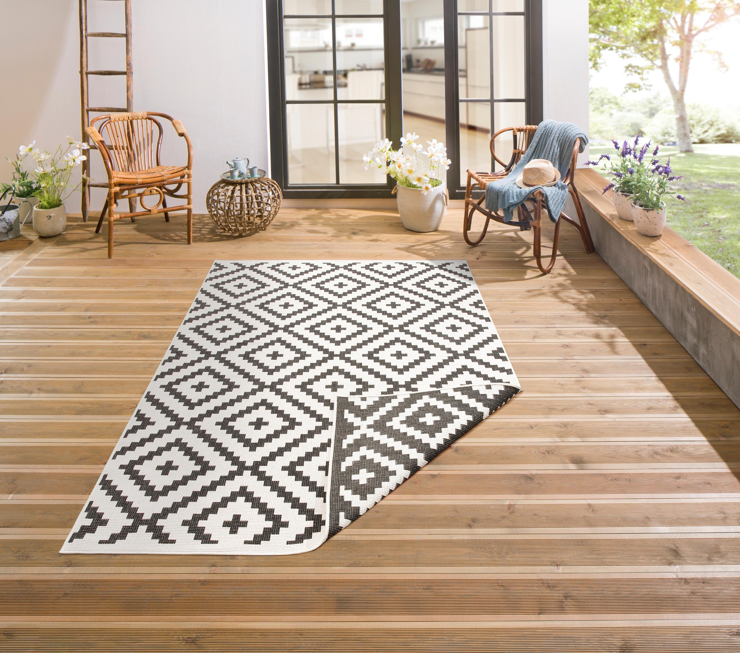 Image of my home Teppich »Ronda«, rechteckig, 5 mm Höhe, In-und Outdoor Teppich, Sisal-Optik, Flachgewebe, Wendeteppich, rechteckig, Wetterfest & UV-beständig, geometrisches Design, Boho, idealer Teppich für Balkon, Terrasse, Wintergarten, Küche, Esszimmer bei Ack