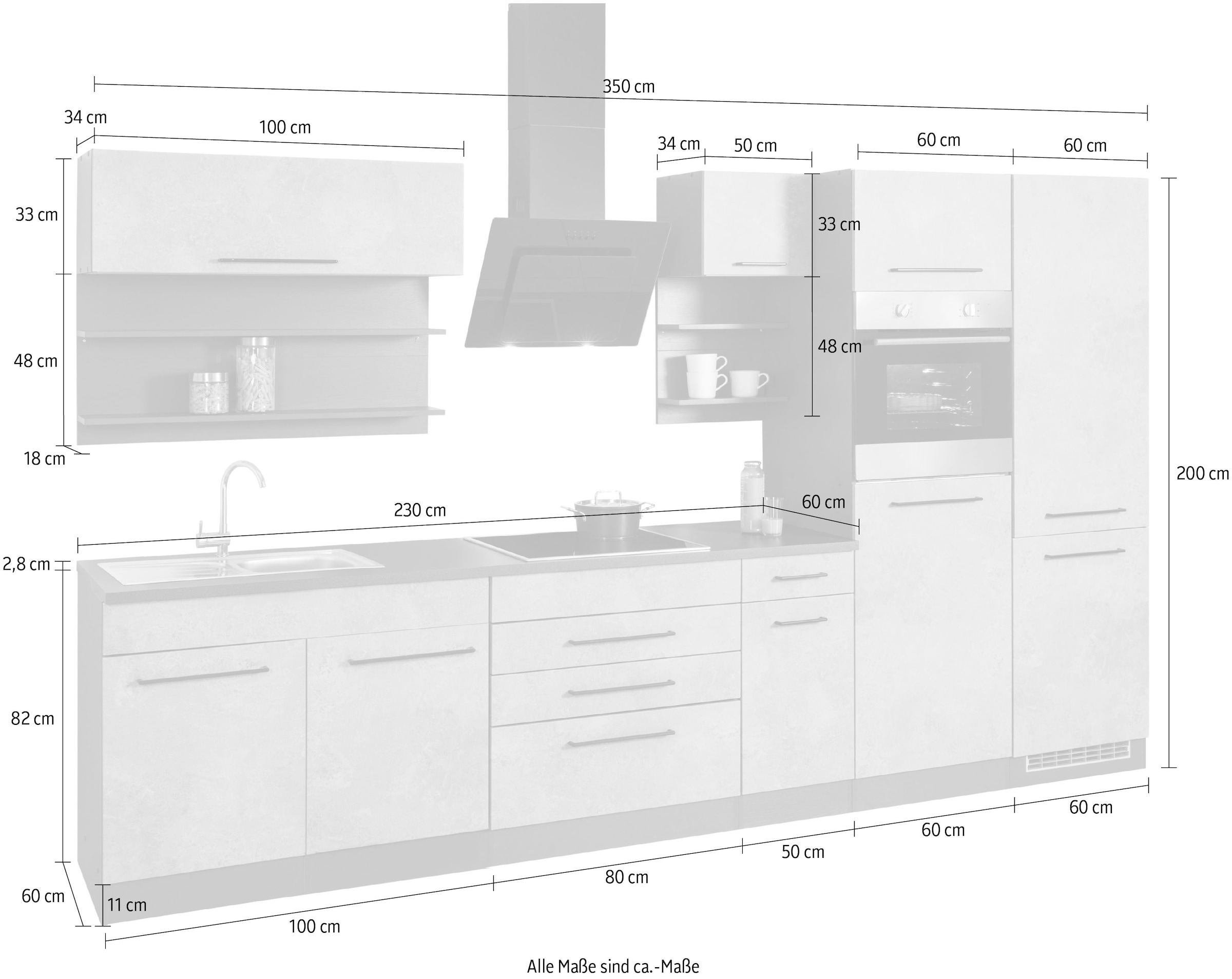 KOCHSTATION Kitchenette »KS-Tulsa« sans appareils électriques, largeur 350 cm, poignées métalliques noires, façades MDF