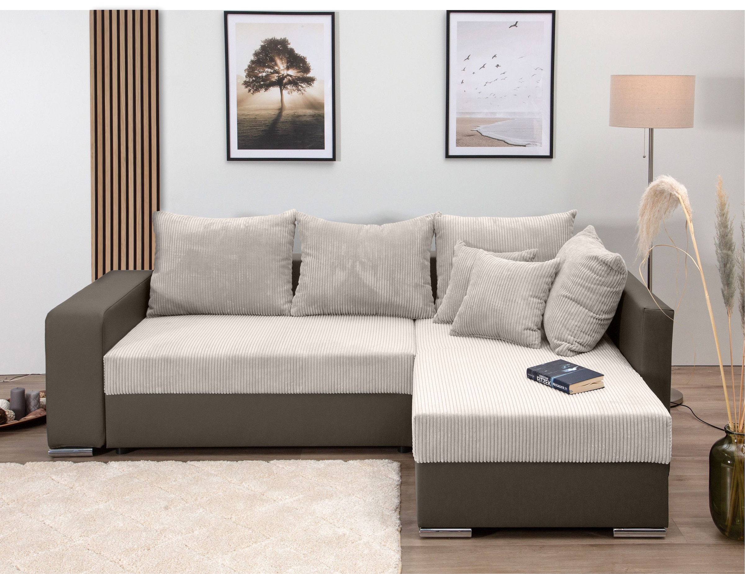 COLLECTION AB Ecksofa »John L-Form, B: 226 cm« Bettfunktion, Bettkasten, Regalelement, Licht & 2 Zierkissen