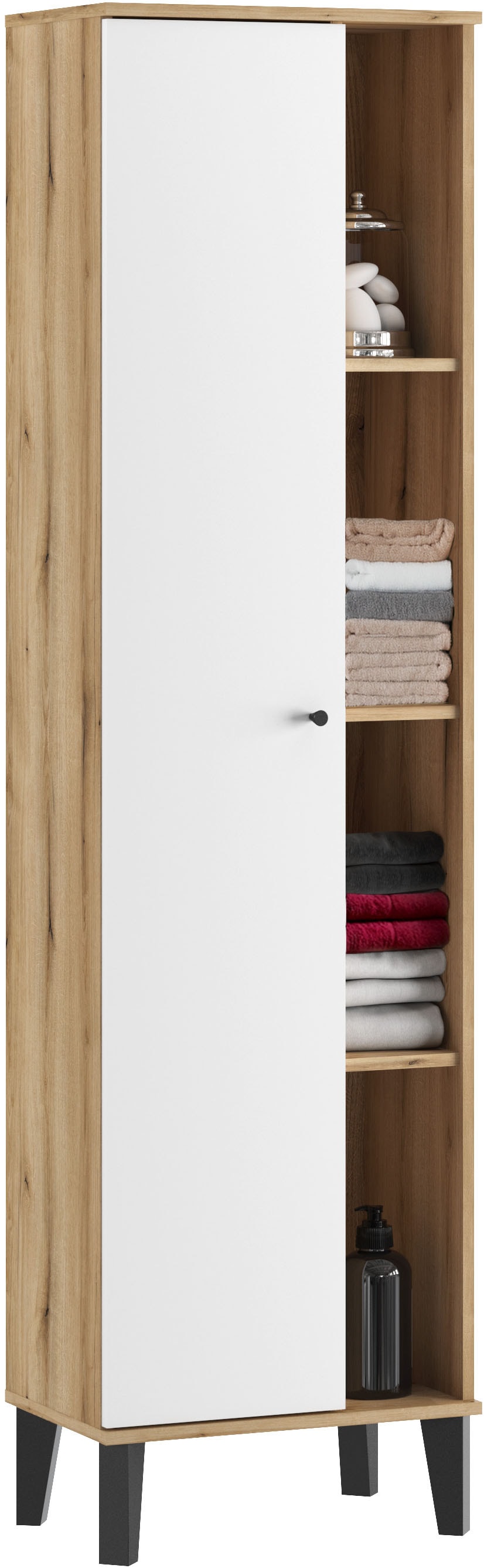 INOSIGN Armoire de rangement »Oslo, Badschrank mit Knopfgriff, Hochschrank im skandinavischen Design« in der Türfarbe Weiss oder Grau verfügbar, ausreichend Stauraum