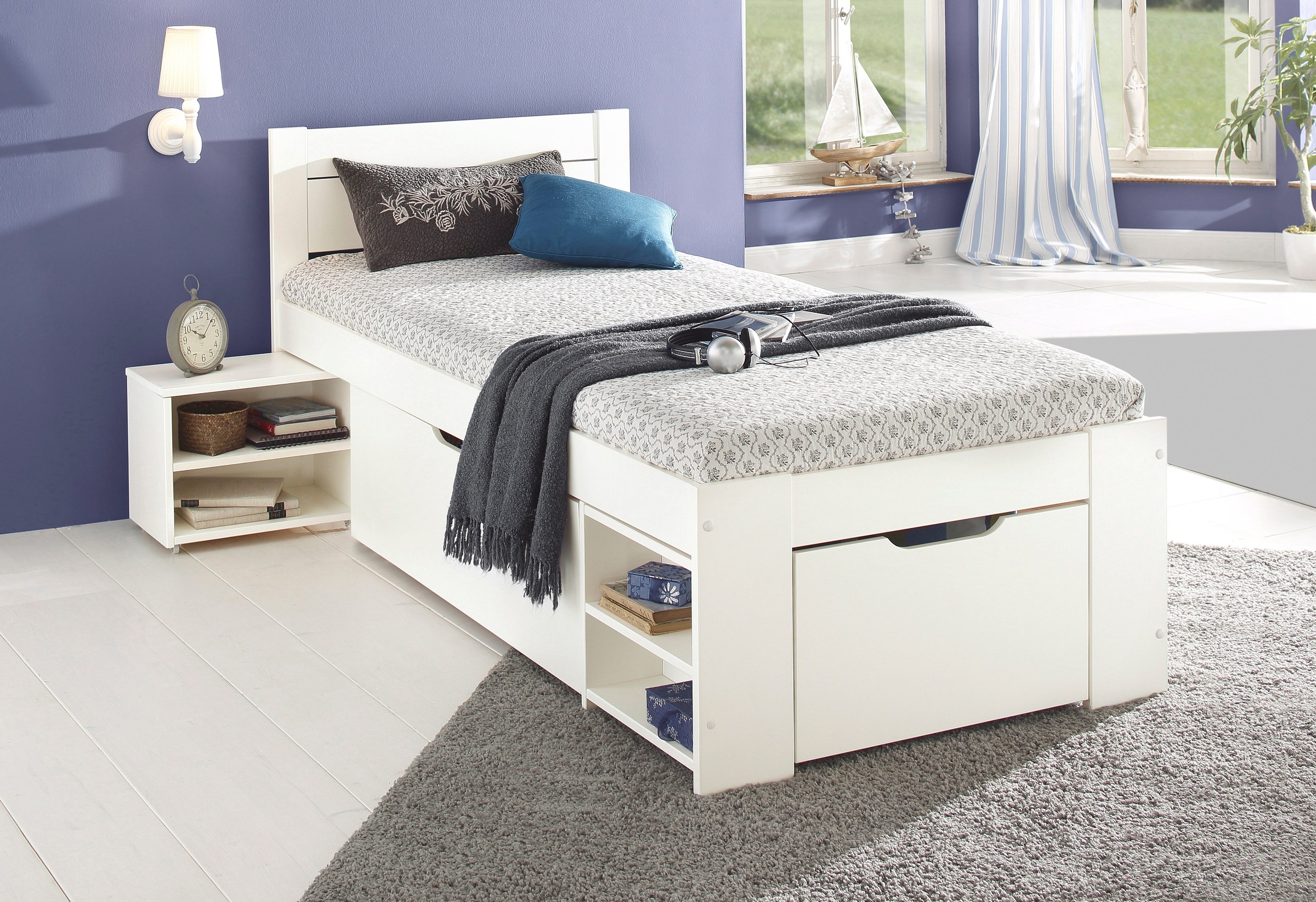 Image of GOODproduct Massivholzbett ""HANNES " mit Schubladen und Regalen, Nachtschrank ausziehbar, stabil" FSC-zertifiziertes Kiefernholz, ideal für kleine Räume