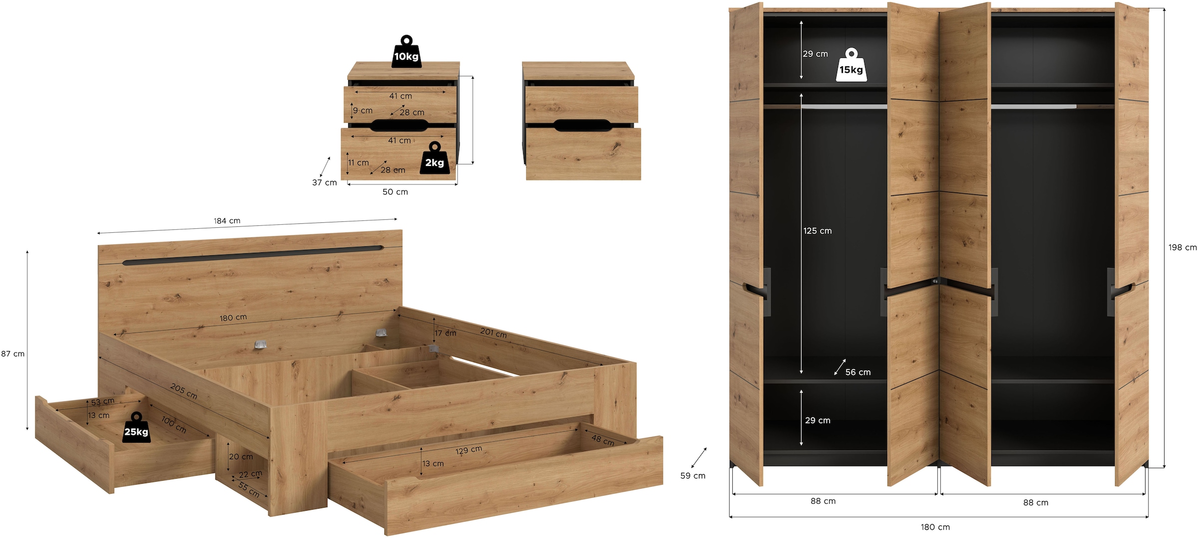 Home affaire Schlafzimmer-Set »REHAT, 4-teilig, best. aus: Bett, Kleiderschrank & 2x Nachtkommode« TOPSELLER!, für Matratzengrösse 140x200 cm, viel Stauraum, 