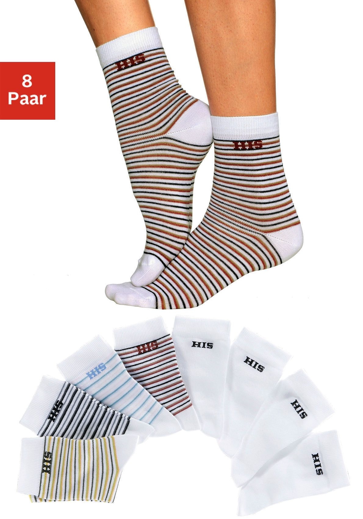 Image of H.I.S Socken Packung, 8 Stk. tlg. geringelt und unifarben