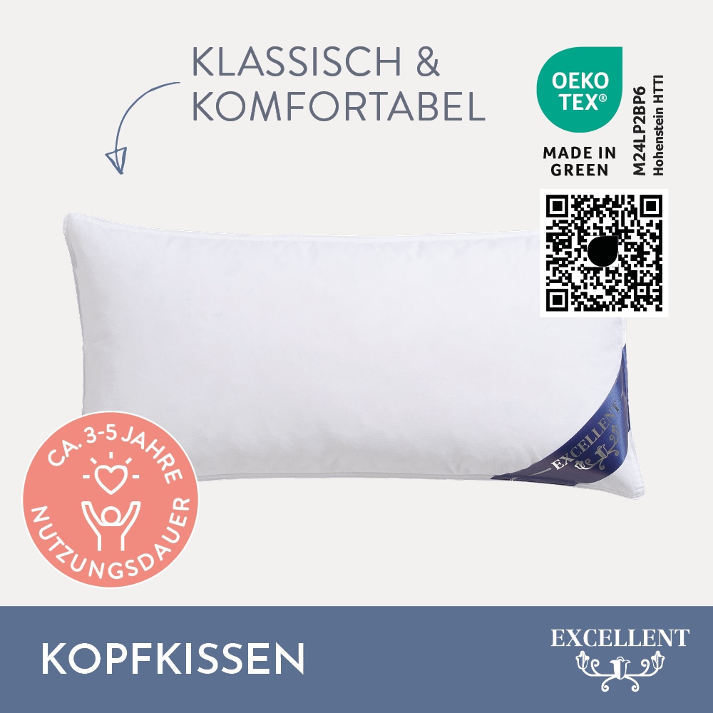 Excellent 3-Kammer-Kopfkissen »Venedig, Kissen hergestellt in Deutschland!«, Füllung: 90% Daunen (Aussenkammer), Bezug: 100% Baumwolle, (1 St.), allergikerfreundlich, Kissen vom Hohenstein Institute ausgezeichnet