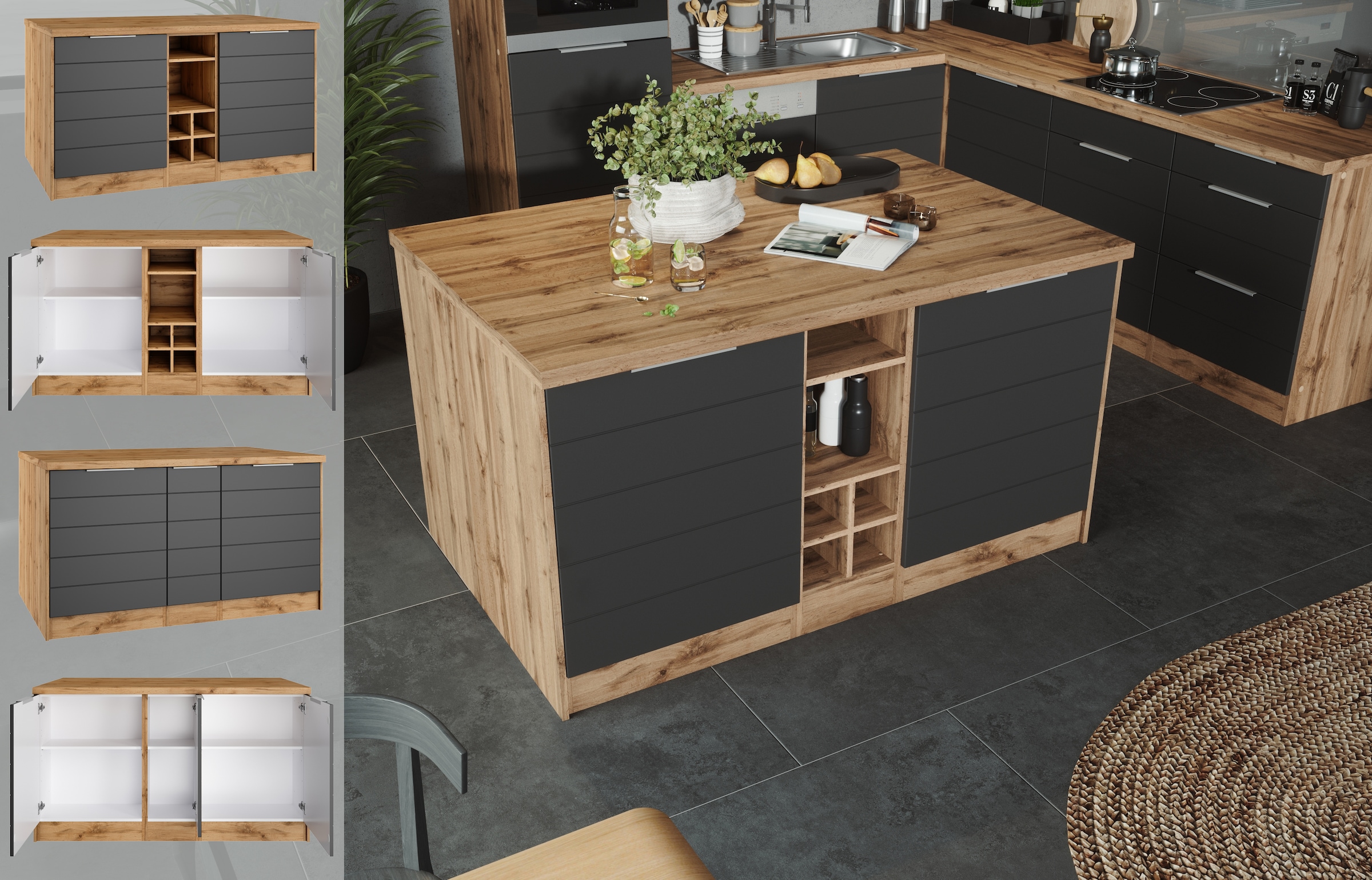 KOCHSTATION Kücheninsel »KS-Luhe, Breite 153 cm, mit Flaschenregal« MDF-Fronten, Arbeitsplatte 38mm stark