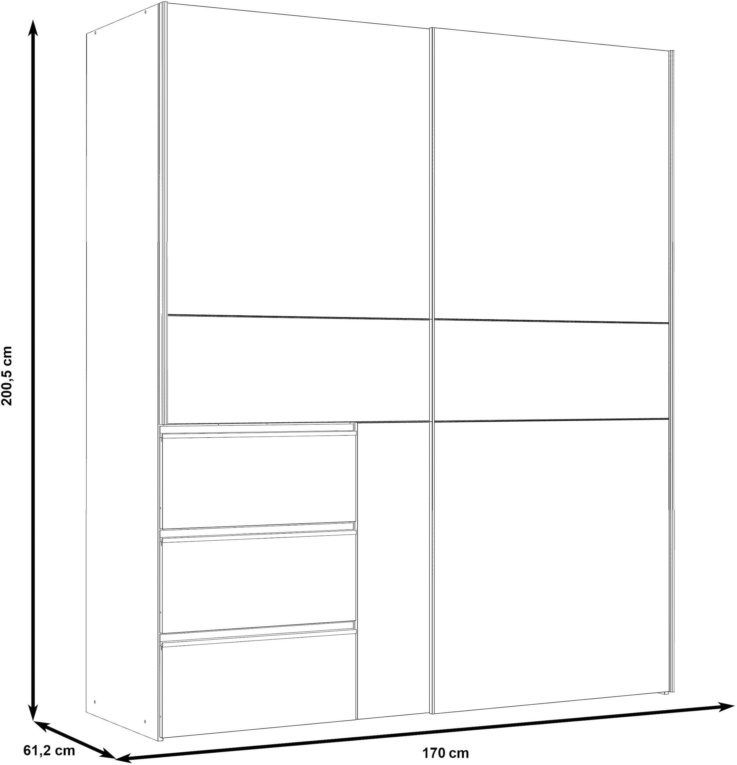 FORTE Schwebetürenschrank »Winn, Schiebetürenschrank mit 3 Schubladen, Made in Europe« In 2 Grössen erhältlich - B/H/T ca. 170x200,5x61cm und 200x200,5x61cm,  verschiedene Grössen und Farben, sehr viel Stauraum