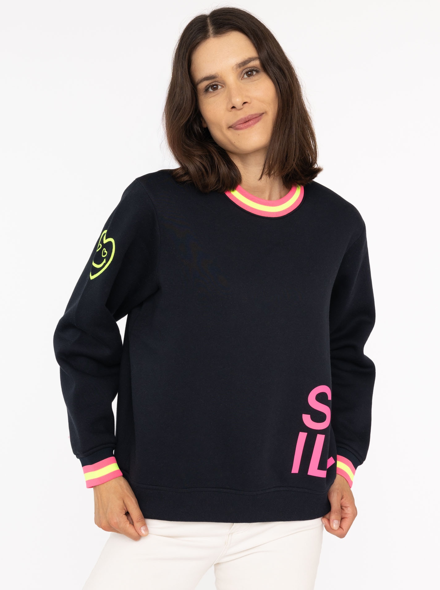 Image of Zwillingsherz Sweatshirt ""Alissa"", mit SMILE PRINT, Kontrastbündchen, gesticktem Herz am Arm