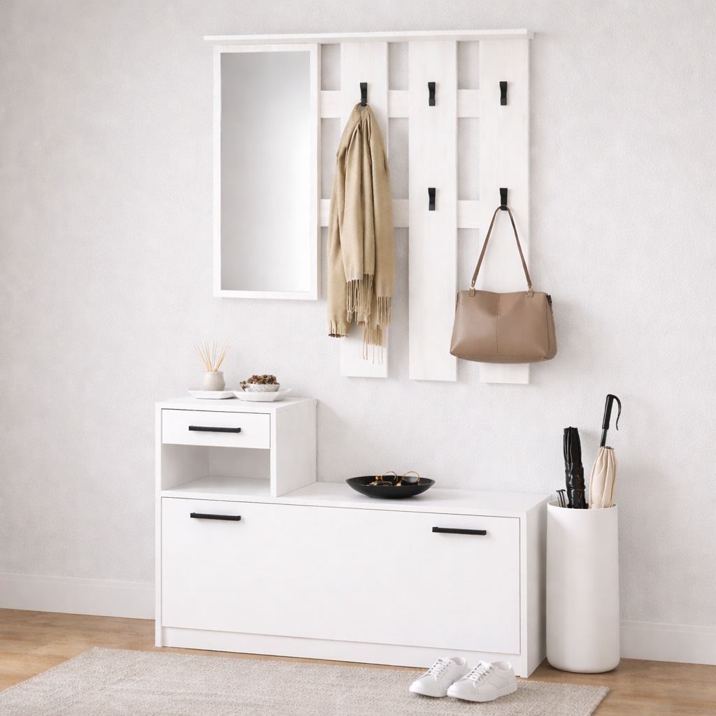 Image of GOODproduct Garderoben-Set "Luna Kommode mit 1 Klappe + 1 Schubkasten, Paneel mit Spiegel 6 Haken" 2 Stk. tlg.
