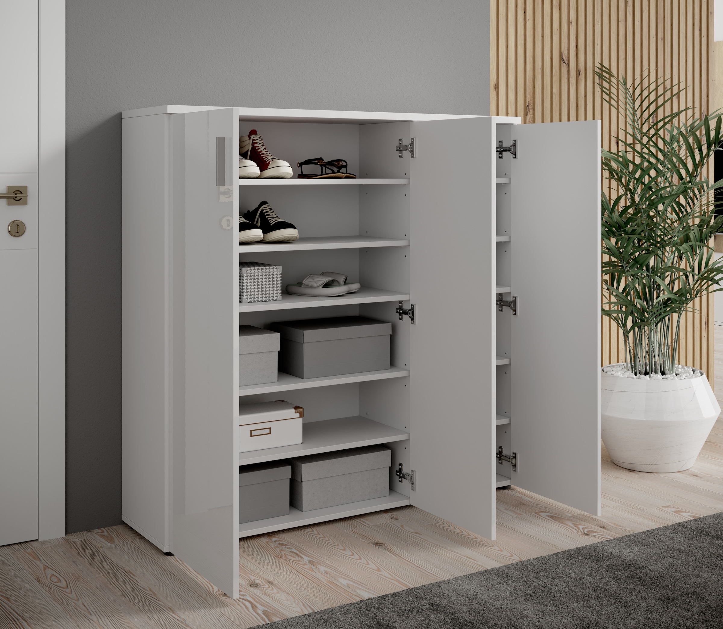 HBZ Schuhschrank »Lincoln weiss Glanz, BxHxT 120x120x35 cm«, (1 St.), Schuhschrank mit 3 Türen, 8 Einlegeböden verstellbar, 2 feste Böden