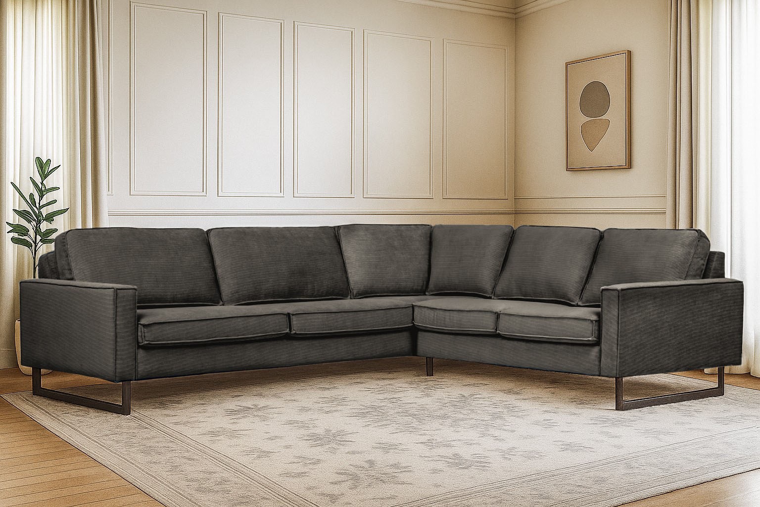 Places of Style Ecksofa »Pinto, XXL, 250/290 cm, langer Schenkel, Ottomane«, Cord, Chenille, Lederoptik, mit Keder, Metallfüsse, Wellenunterfederung
