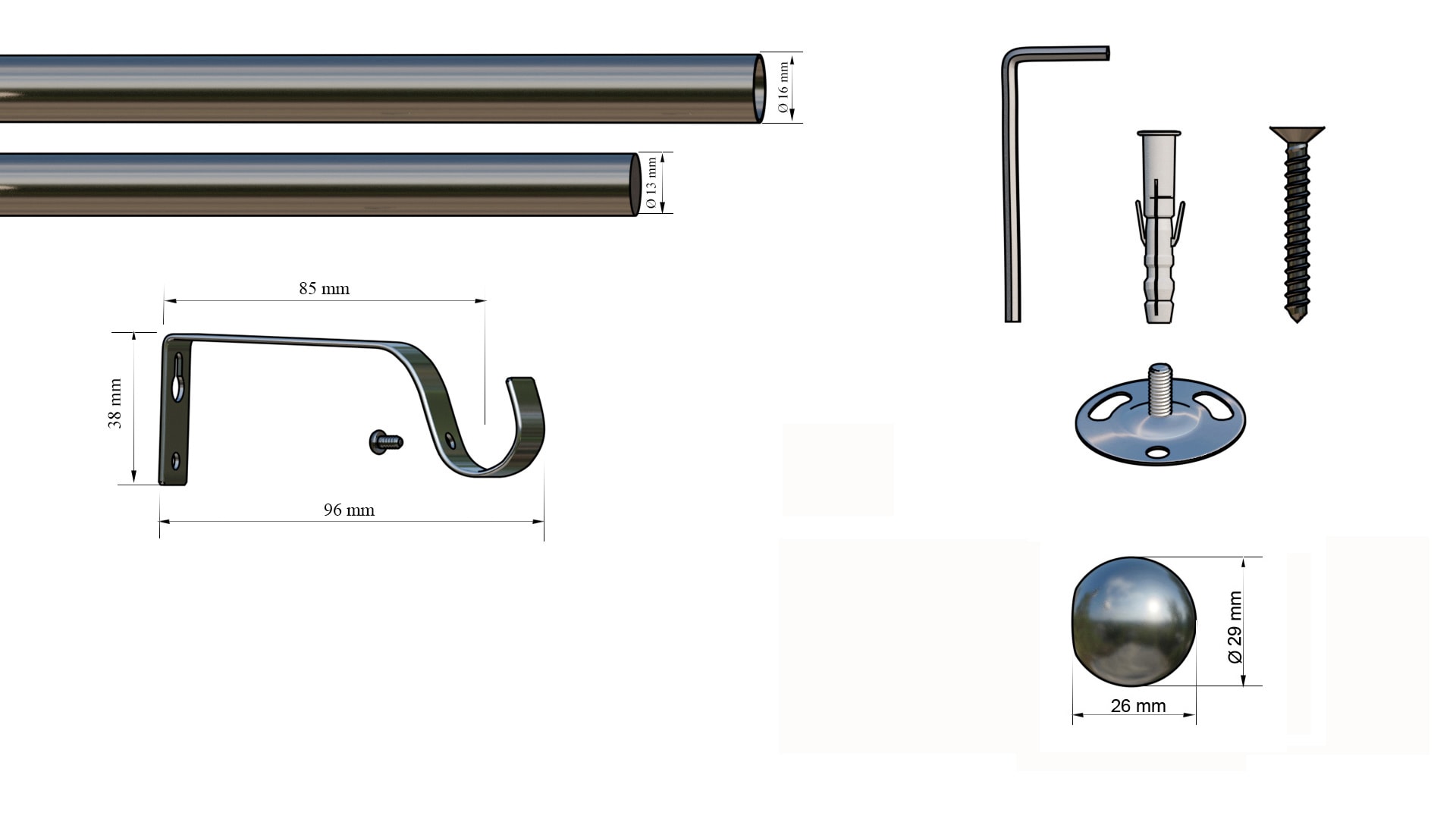 indeko Tringle à rideaux »Formentor« Ø 16 mm 1 course-läufig ausziehbar stufenlos verstellbare Teleskopstange