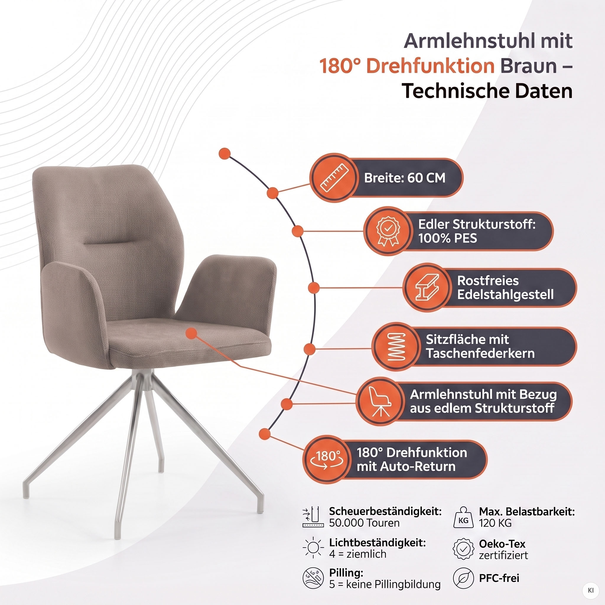 SalesFever Chaise de salle à manger »Taormina Armlehnstuhl mit silbernem Edelstahlgestell« () 1 cuisfauteuil de salle à manger, rotation 180°, structure en acier inoxydable