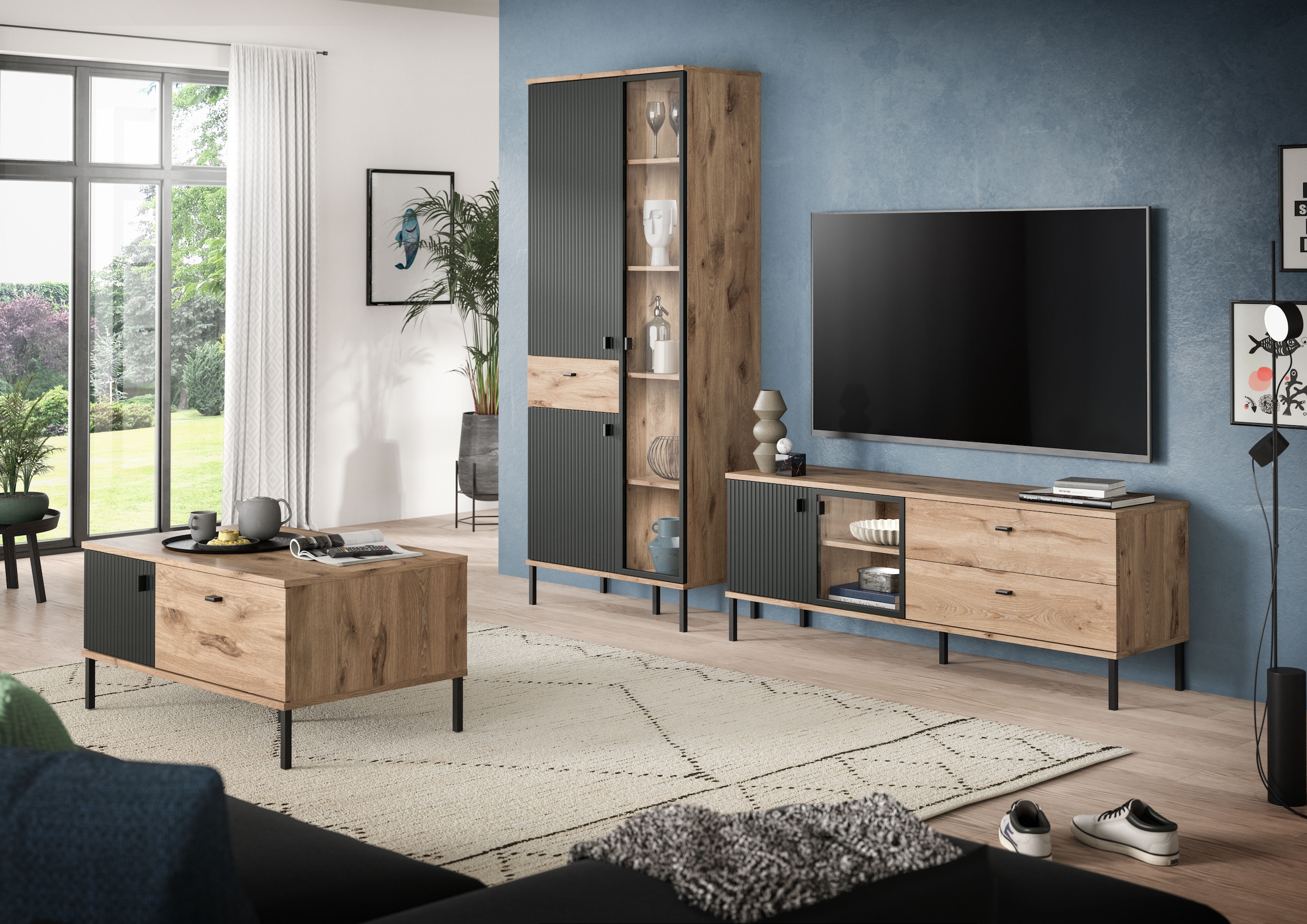 INOSIGN Wohnwand »TREVERK, Breite: 252 cm, hochwertige MDF-Front schwarz tiefzieh« Set, Set, best. aus: 1 Stauraumvitrine, 1 Lowboard, 2 Stk. tlg.