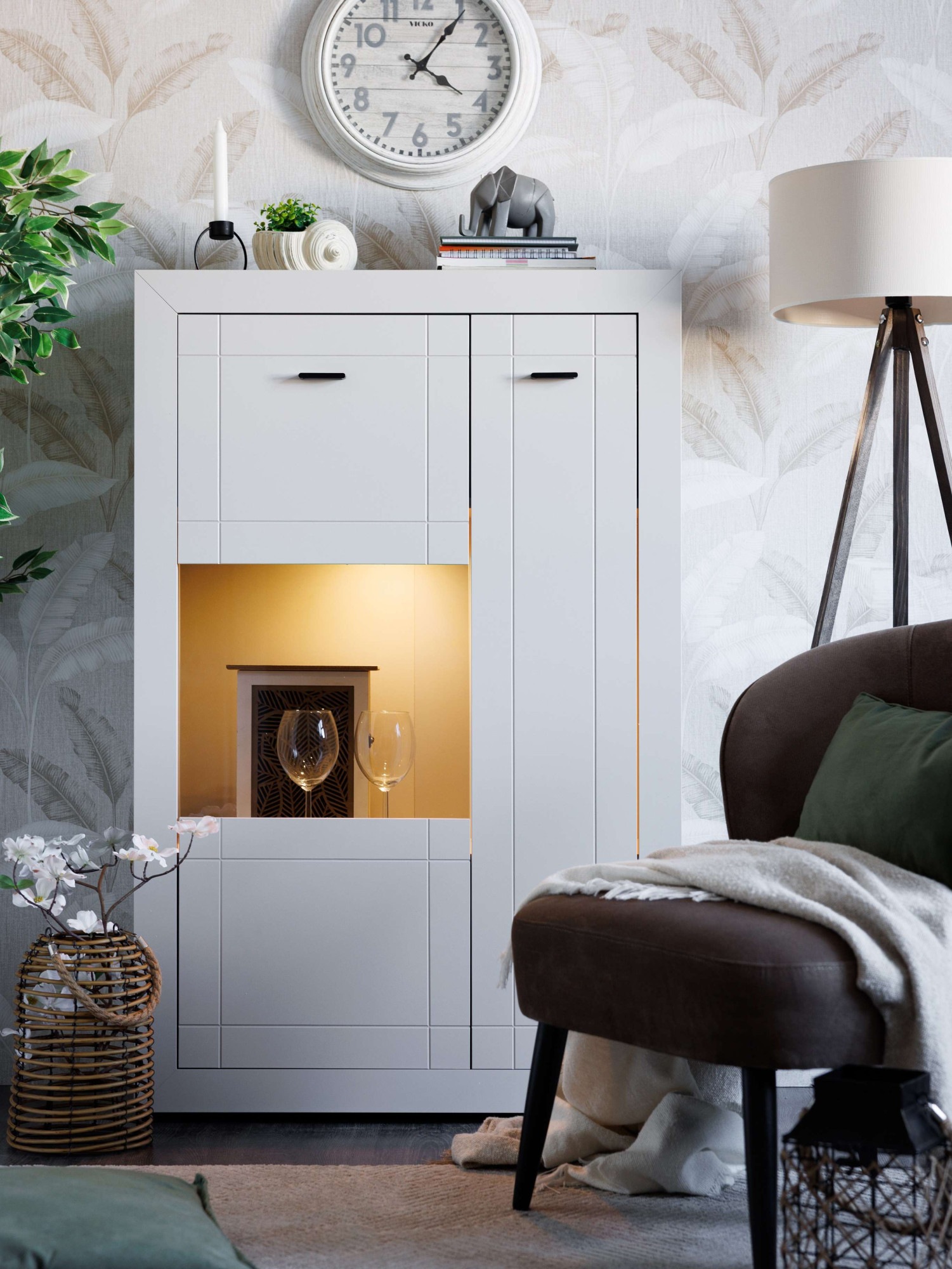 Home affaire Highboard »Warwick, Hochkommode, Vitrine, Glasvitrine, Kombi-Highboard« Modernes Highboard: Kaschmir-Dekor, 2 Türen, Heissfolienprägung