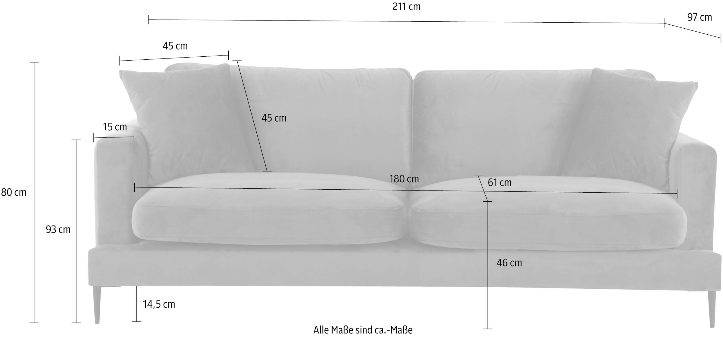 Leonique 3-Sitzer »Cozy elegantes Designsofa, Masse B/T/H: 211/97/80 cm«, mit losen Kissen und Metallbeinen