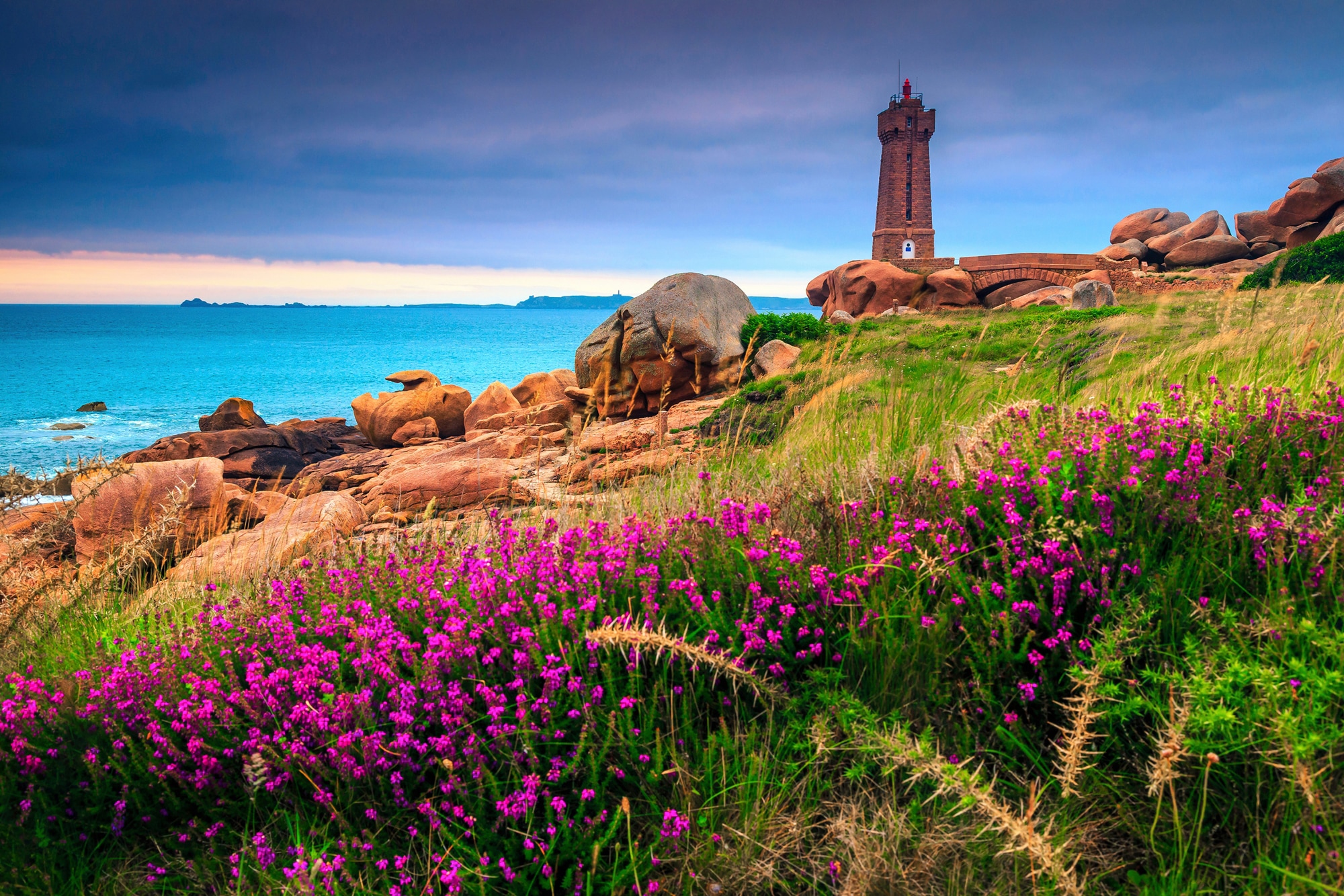 Image of Papermoon Fototapete "LEUCHTTURM-BRETAGNE BLUMEN WIESE MEER OZEAN KÜSTE BERGE"