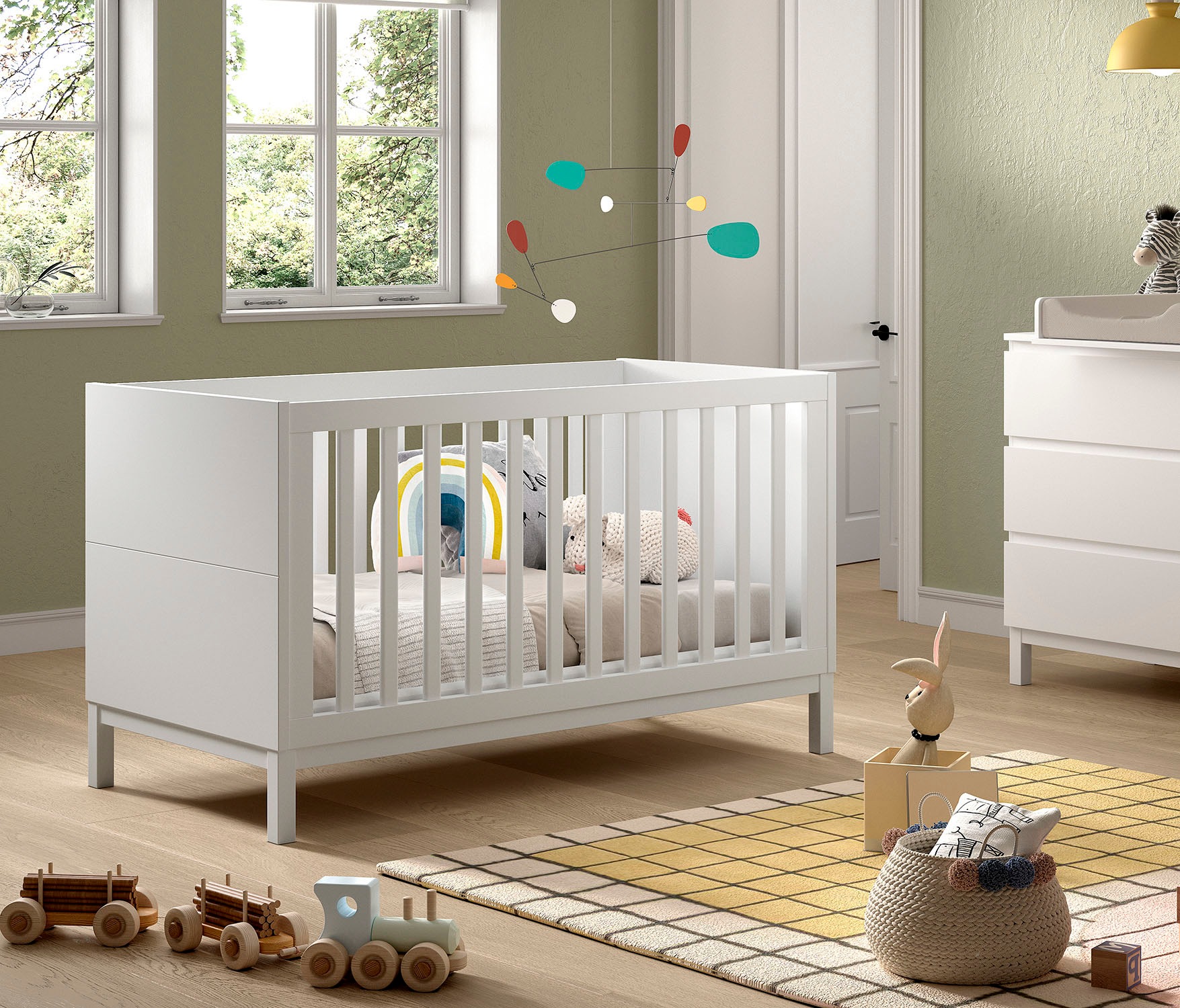 Vipack Lit bébé »in gradlinigem Design, standfest gebaut, pflegeleichte Oberfläche« 70x140 cm avec 3 barreaux d'accès, convertible en lit junior, laqué blanc