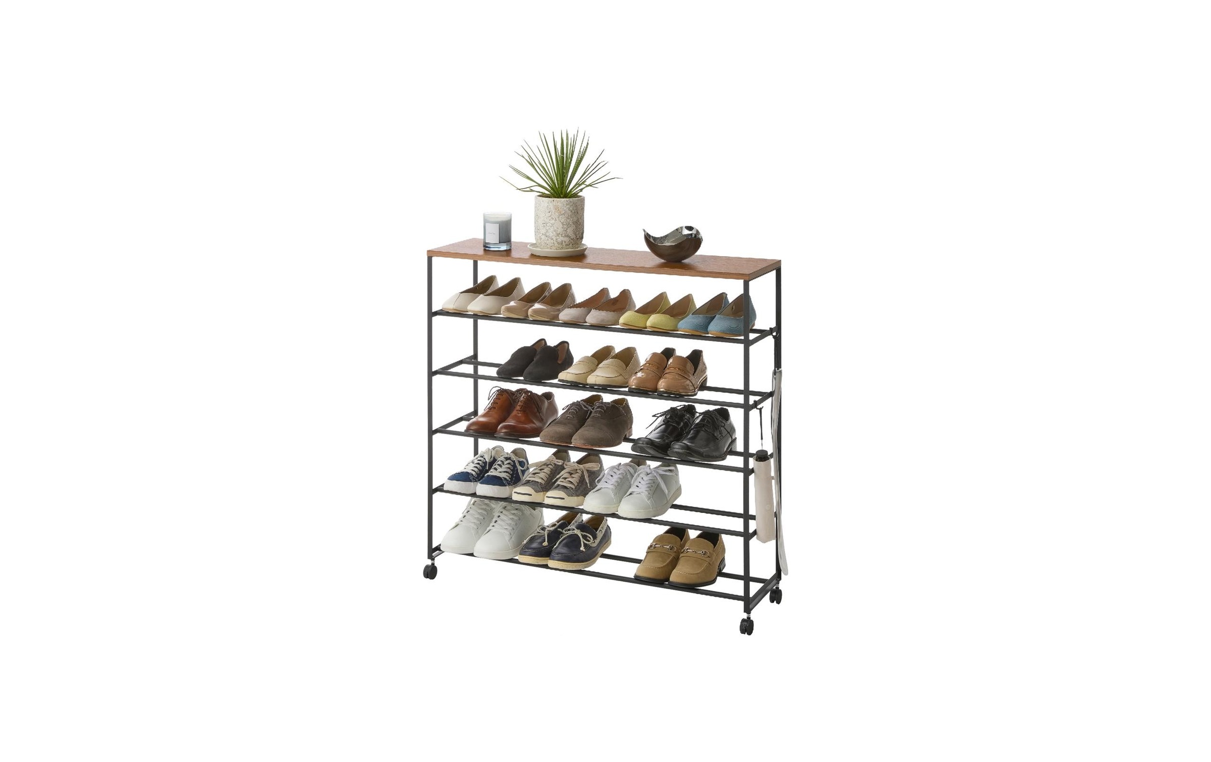 Yamazaki Schuhschrank »Tower 90.5 x 87 cm« 5-stöckiges Schuhregal mit Holzablage und Rollen