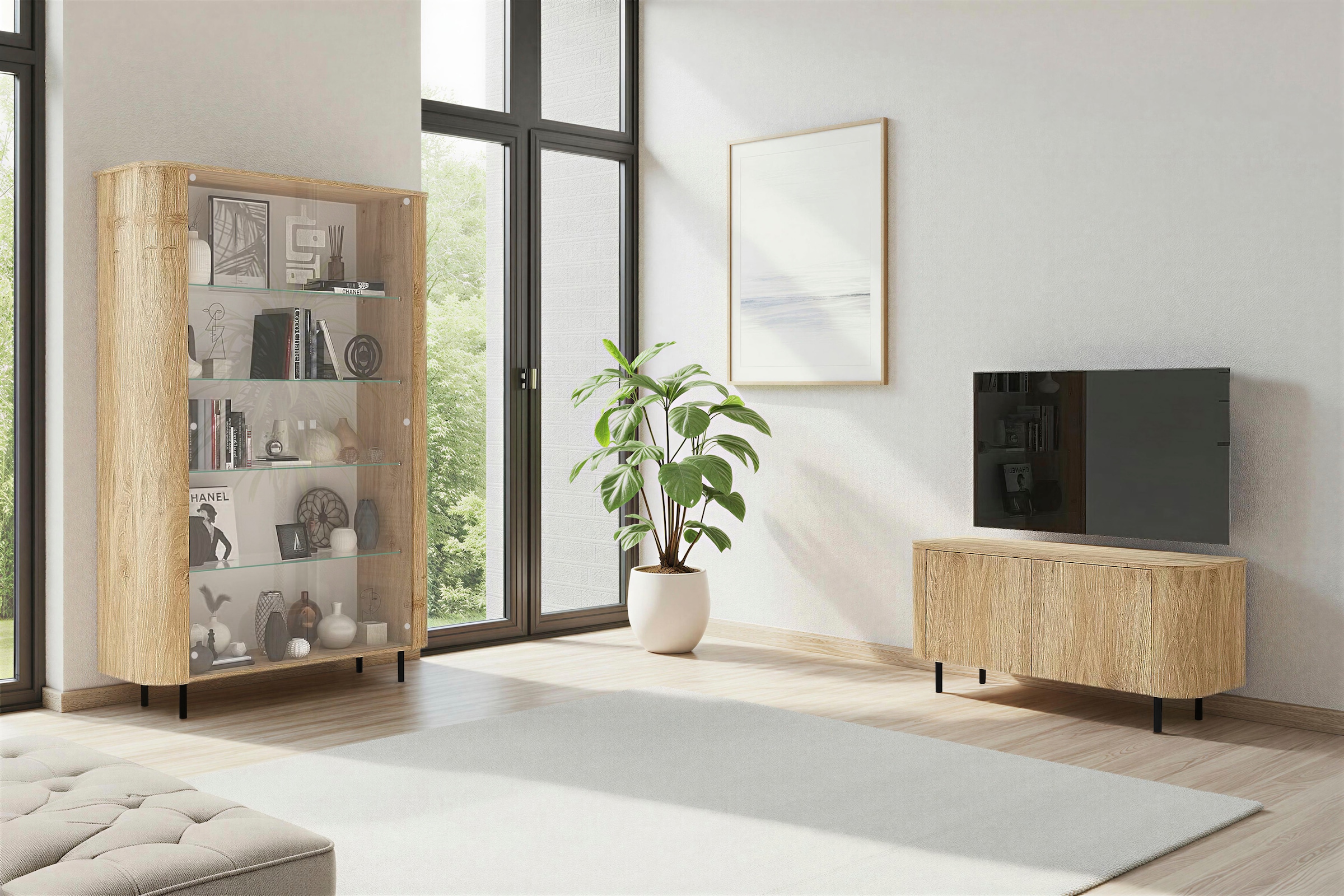 Home affaire Lowboard »Murano, 131 cm breit, 2 Türen, TV-Schrank, TV-Kommode, Medienboard« Formgebogenes MDF, Stirnseiten mit Rundung, Füsse und Griffe aus Metall