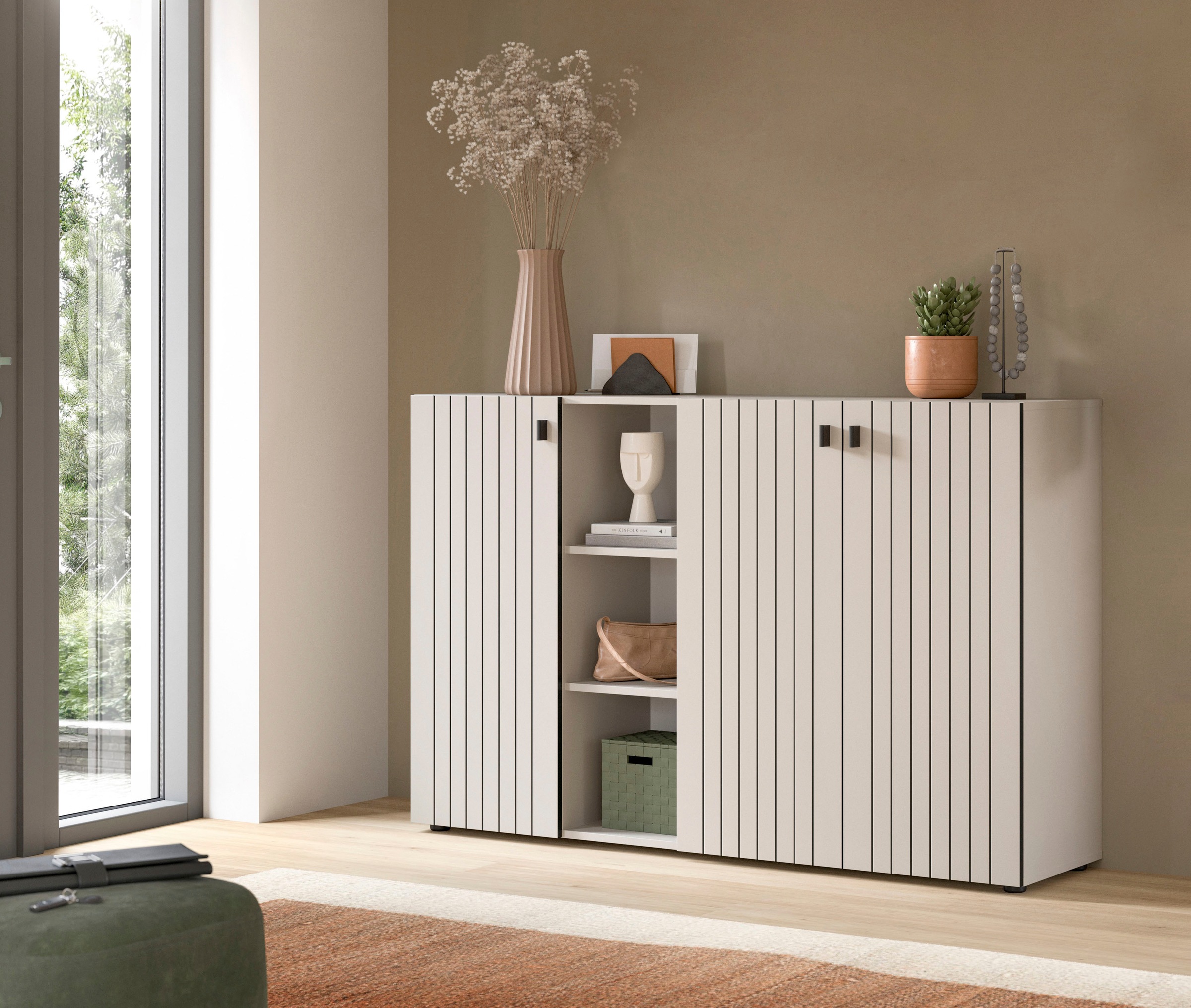 Image of Home affaire Schuhschrank "TATIO, Breite 150 cm, Rillenoptik, offene Fächer, 3 Türen" 1 Stk. tlg. Garderobenschrank, Flurkommode, Kommode, Schuhschrank