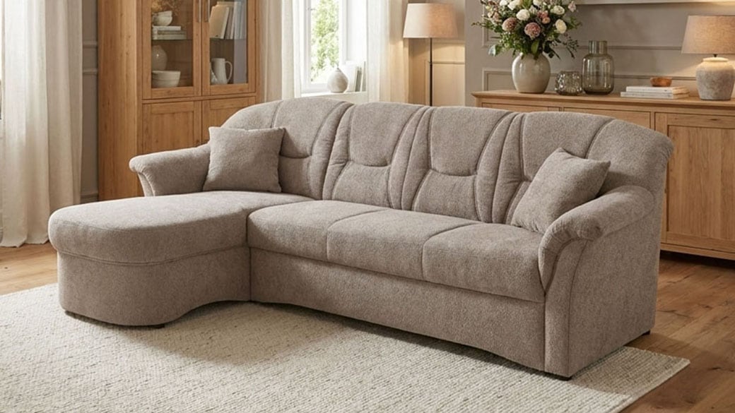 GOODproduct Ecksofa »Langelland 232 x 146 cm, auch mit Schlaffunktion, mittelfester Sitz« L-Form, mit Federkern, pflegeleichter, weicher Luxus-Microfaser