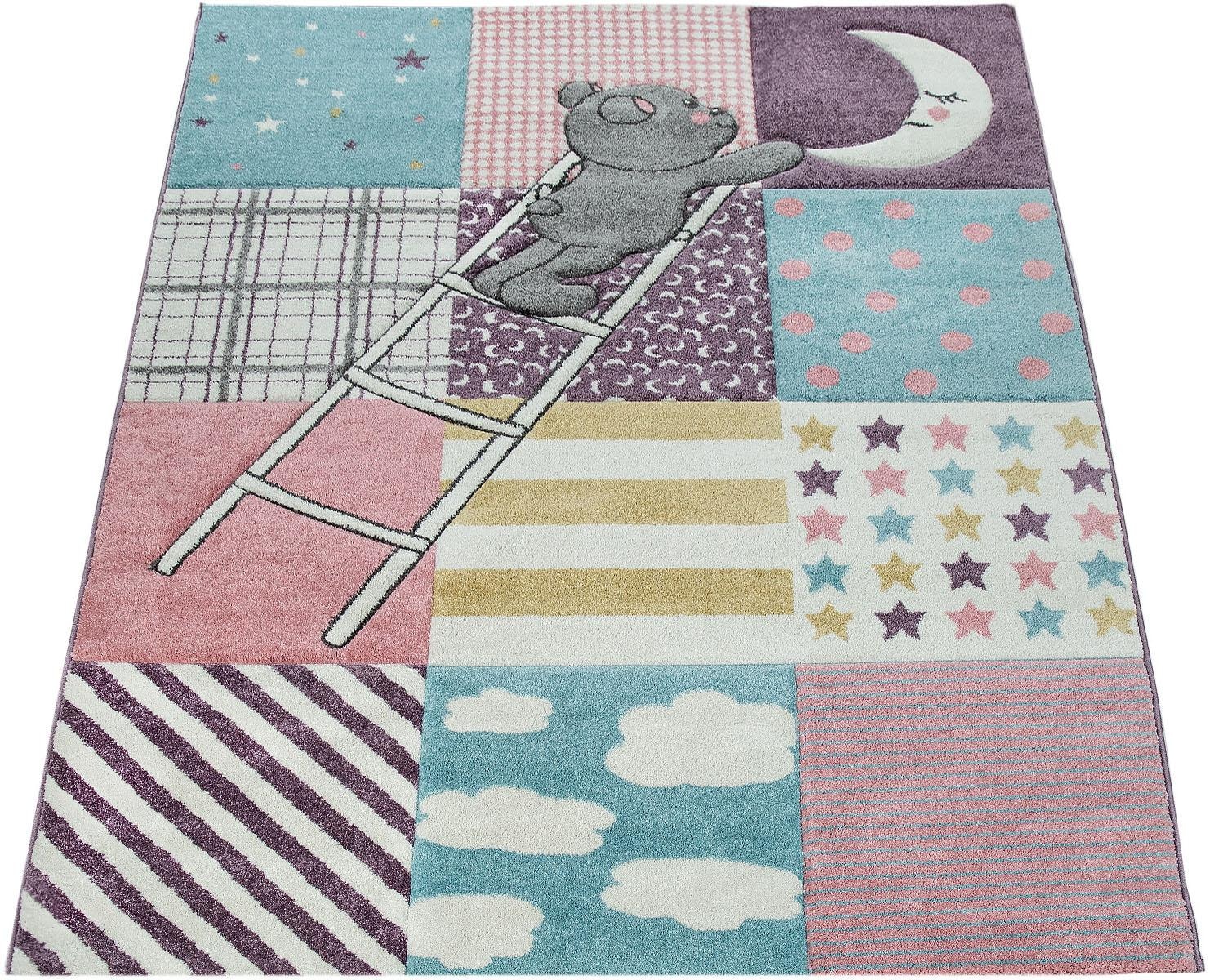 Paco Home Kinderteppich »Ela 399«, rechteckig, 3D-Design, Patchwork Muster, Motiv Bär, Sterne & Punkte, Kinderzimmer