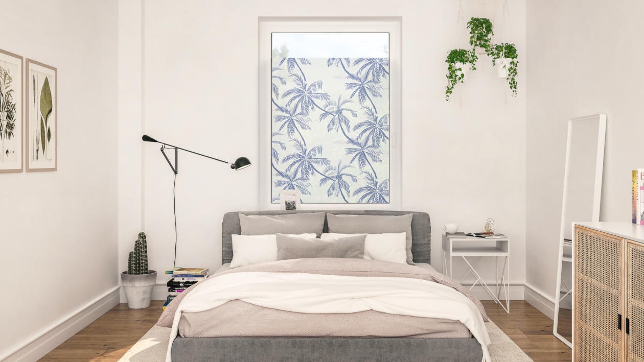 LICHTBLICK ORIGINAL Fensterfolie »Fensterfolie selbstklebend, Sichtschutz, Blueprint Palms - Blau«, 1 St., blickdicht, glattstatisch haftend