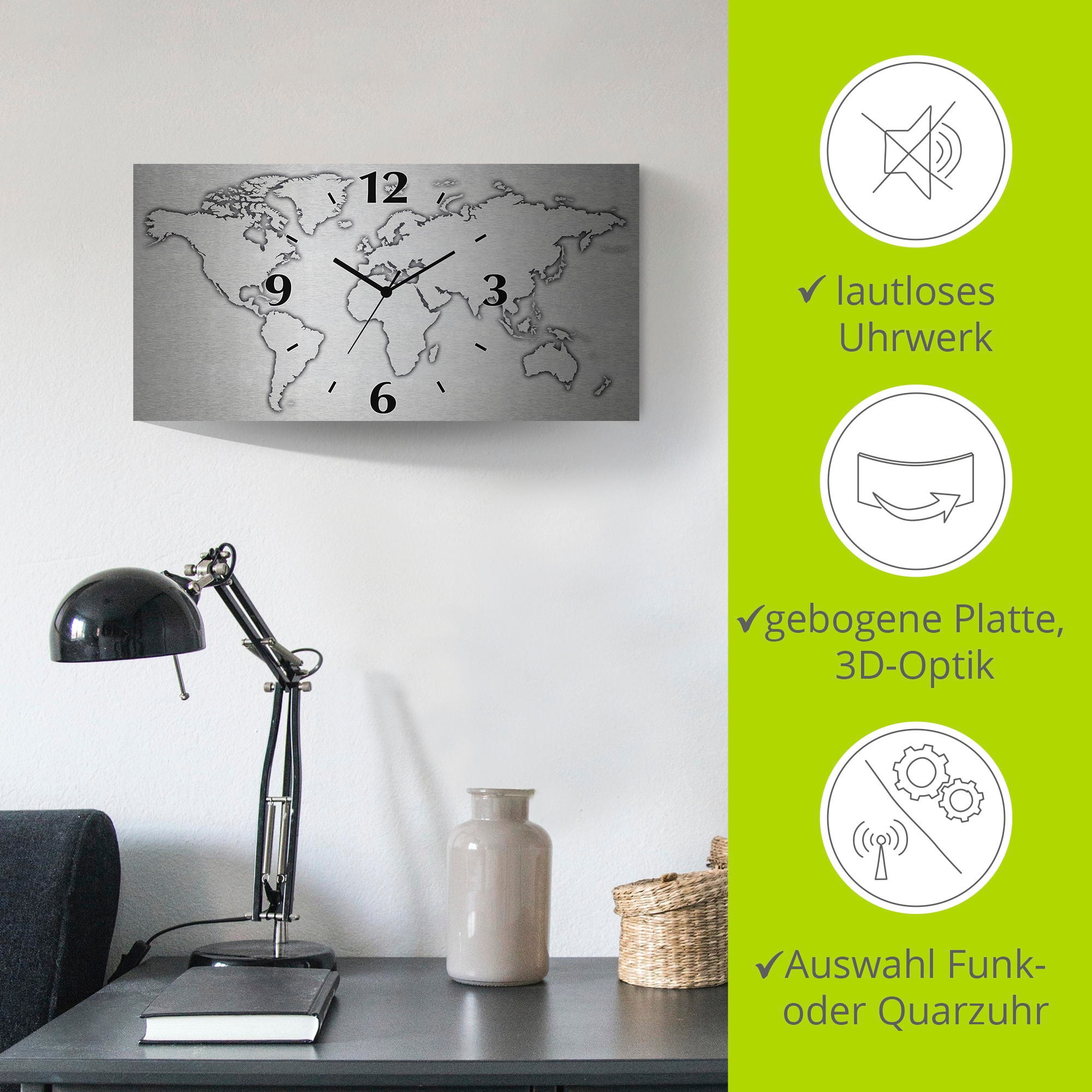 Artland Wanduhr »Weltkarte«, 3D Optik gebogen, mit Quarz- oder Funkuhrwerk, versch. Grössen