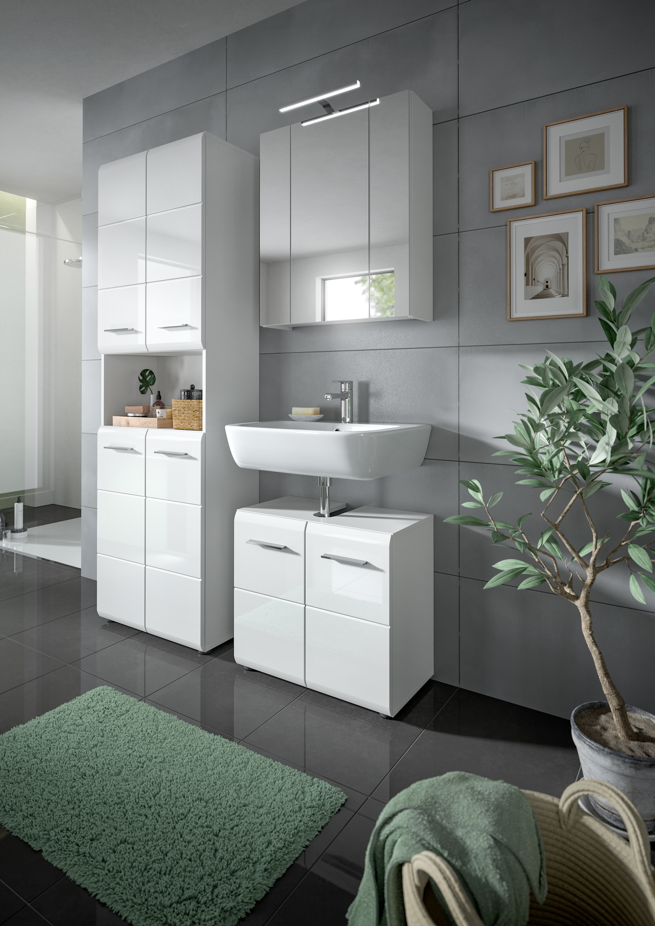 INOSIGN Stauraumschrank »FLORENZ, TOPSELLER!, Höhe 185 cm, 4 Türen, 4 Fachböden, 1 offenes Fach«, (1 St.), hochwertige MDF Front, Griff chromglänzend, Badschrank, Bad