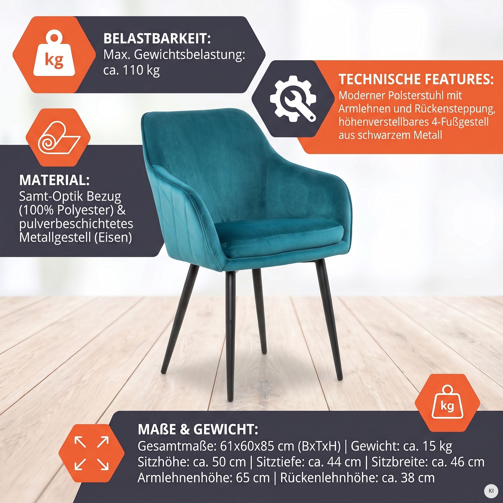 SalesFever Chaise avec accoudoirs »Komfortabler Esszimmerstuhl mit Stil« () avec matelassage diamant au dos