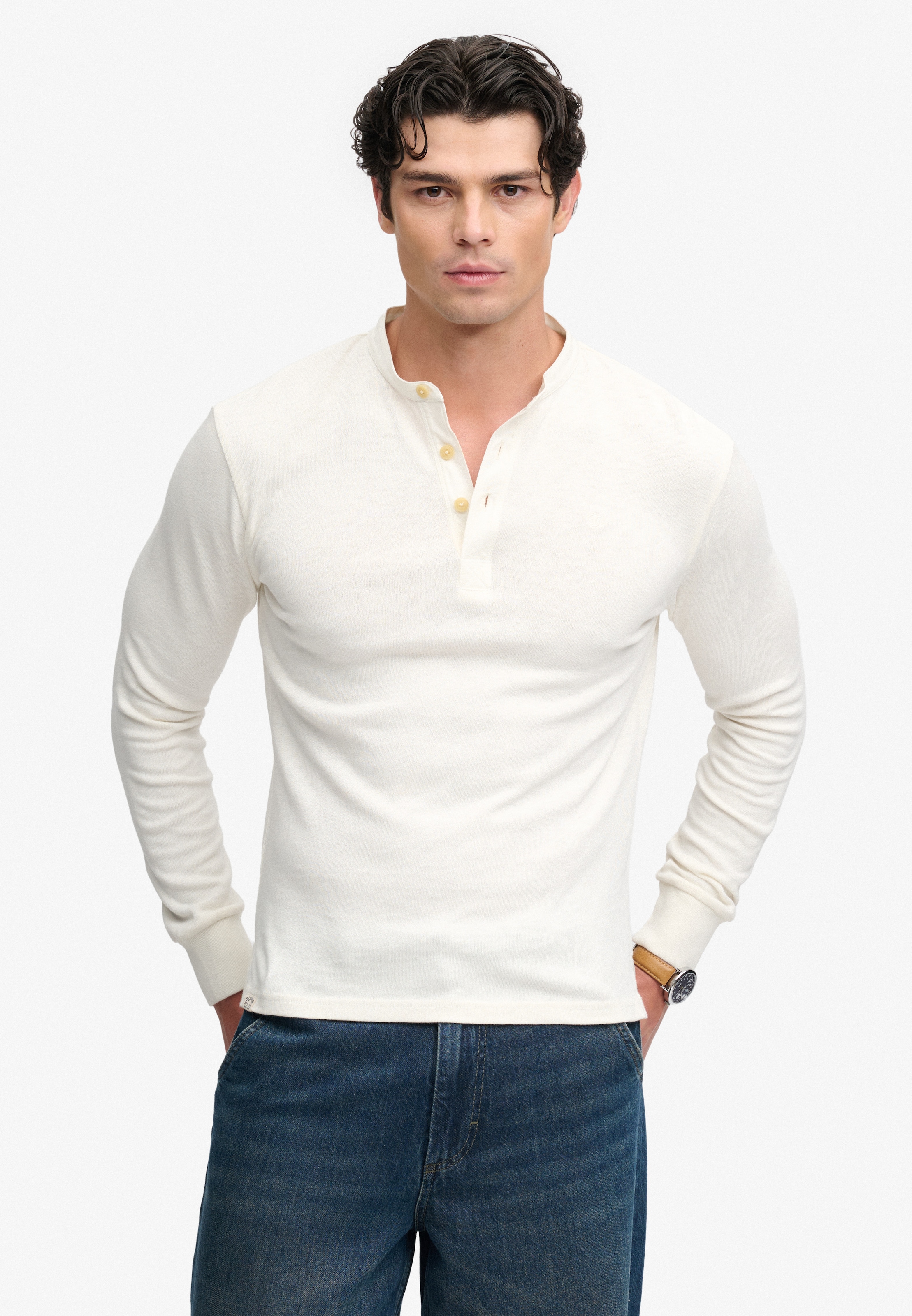 Image of Superdry Langarmshirt "WOVEN PLACKET GRANDAD TOP" Baumwolle, relaxed fit