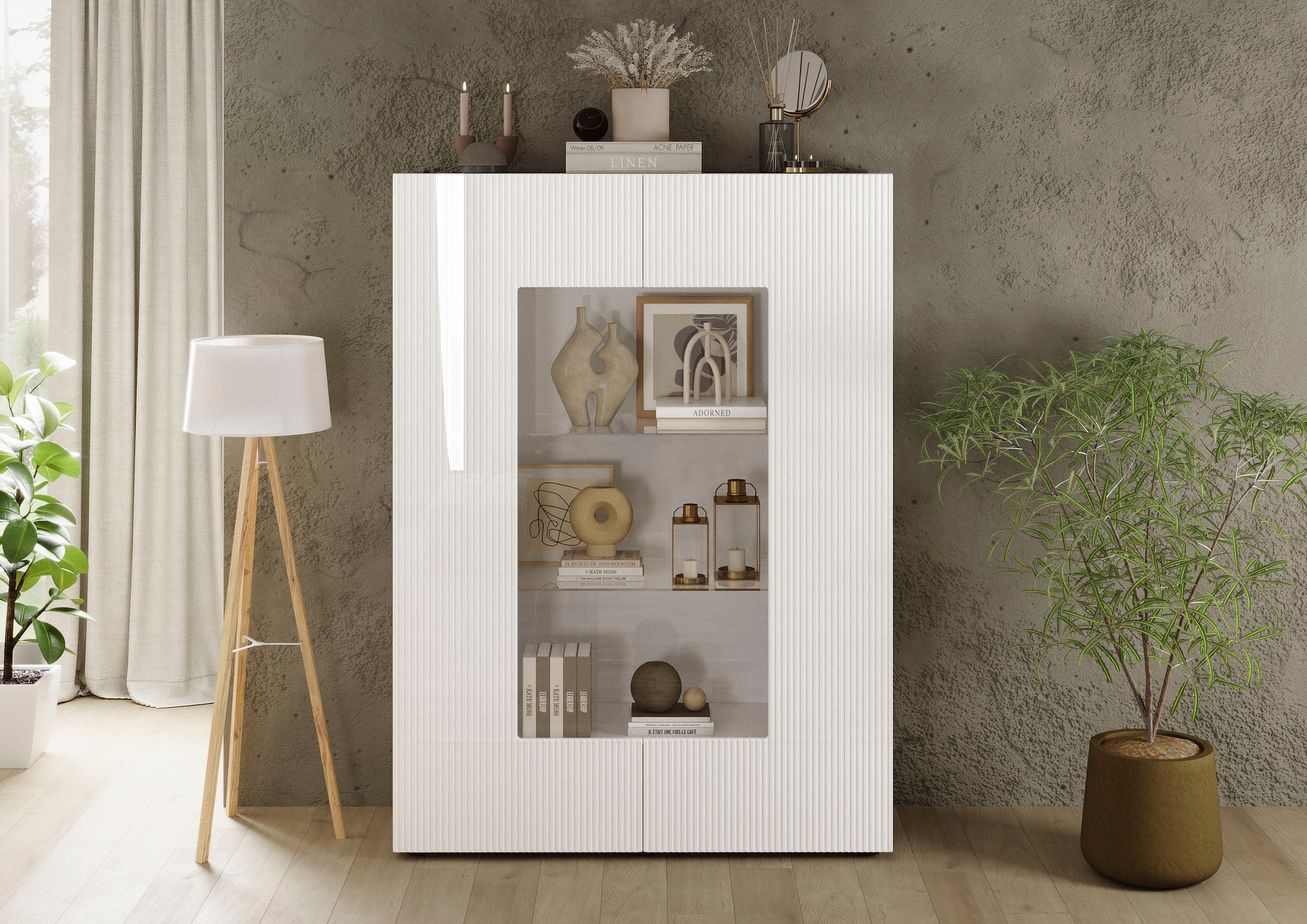 Home affaire Vitrines »RIO, Höhe 166 cm, Hochschrank mit 2 Türen, Anrichte, Standvitrine« Vitrinenschrank, geriffelte MDF-Fronten, modern, elegant, geräumig