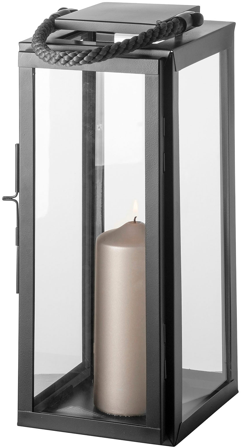 Image of Fink Kerzenlaterne "SEVILLA" Kerzenhalter, schwarz pulverbeschichtet, mit grauer Nylonkordel