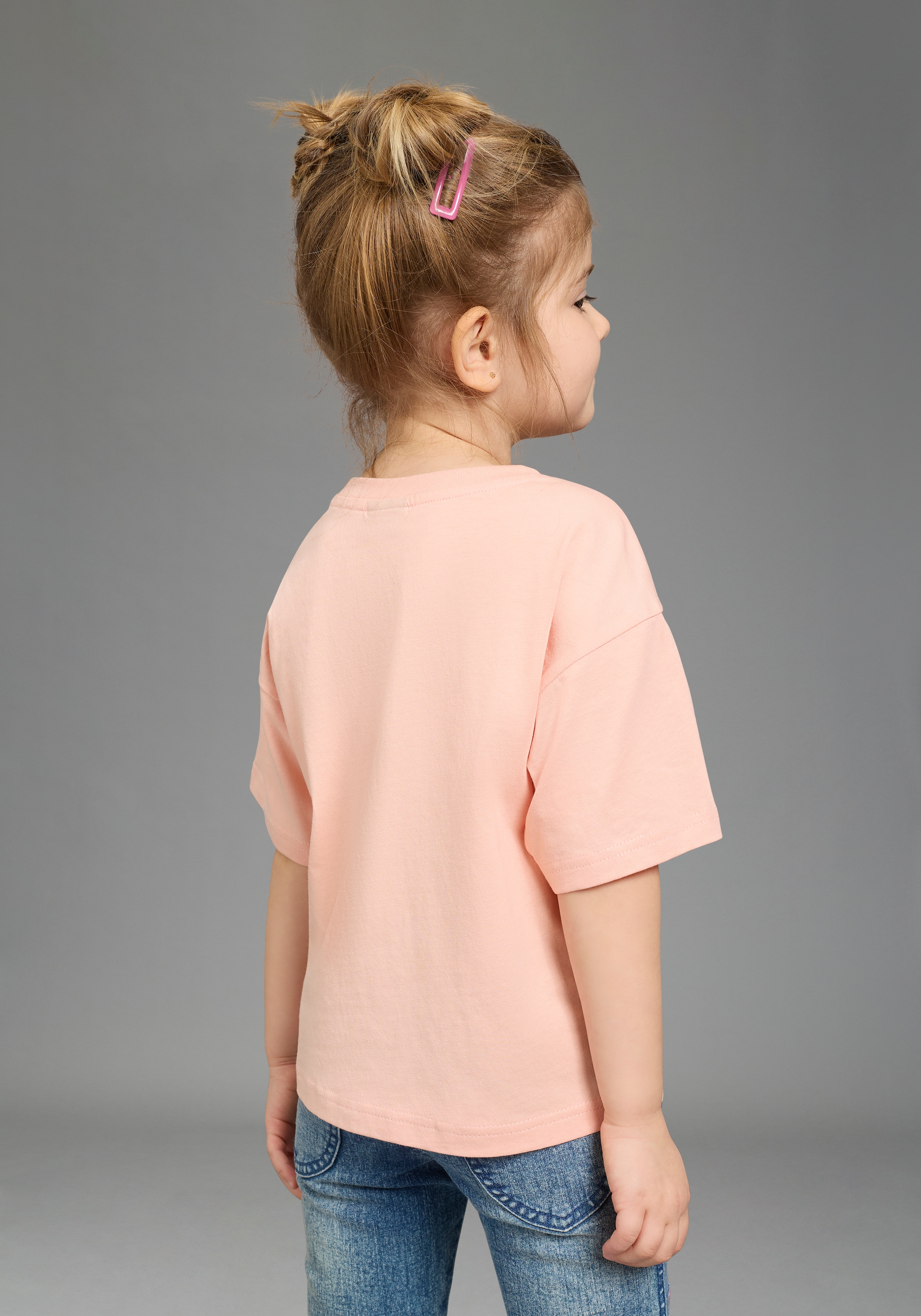 KIDSWORLD T-Shirt »mit süssen Druck und Häckelblumen« lässige Passform, Kurzarm, geblümt, mit Häkelapplikation