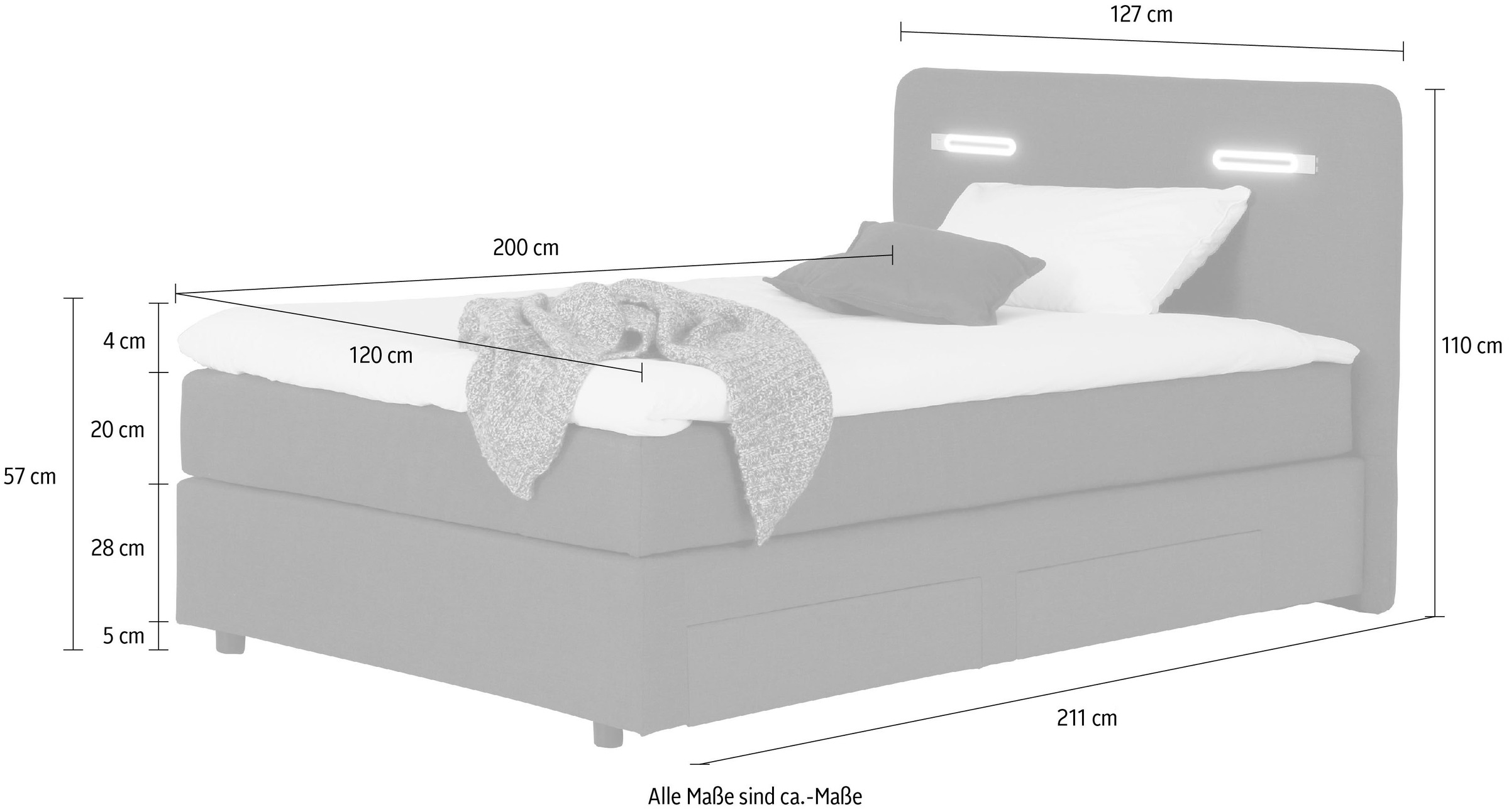 Home affaire Boxbett »Luan« Schubkästen, LED-Beleuchtung und Topper, in Breite 120 cm und 180 cm