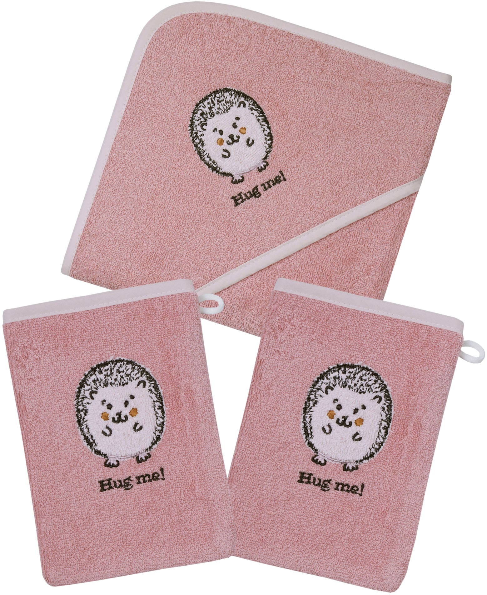Image of Wörner Handtuch Set "Igel rosa Kapuzenbadetuch mit 2 Waschhandschuhen" mit süsser Igelstickerei