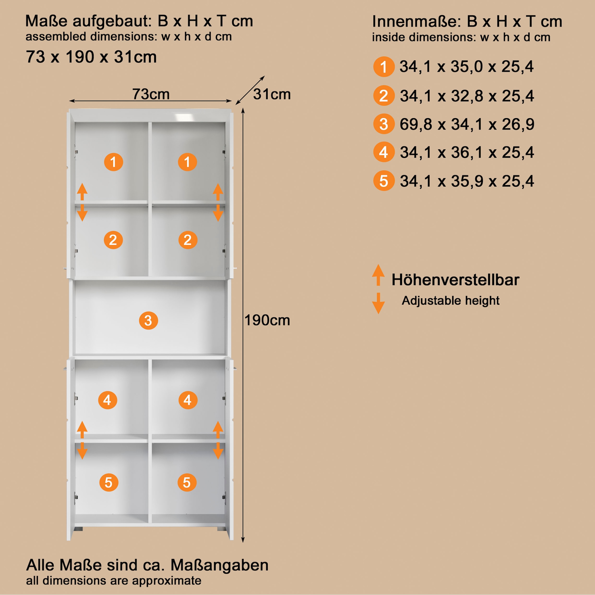 welltime Armoire haute »Avena« Badschrank 4-türig mit o. Fach und 4 Einlegeböden - B/T/H 73/31/190 cm