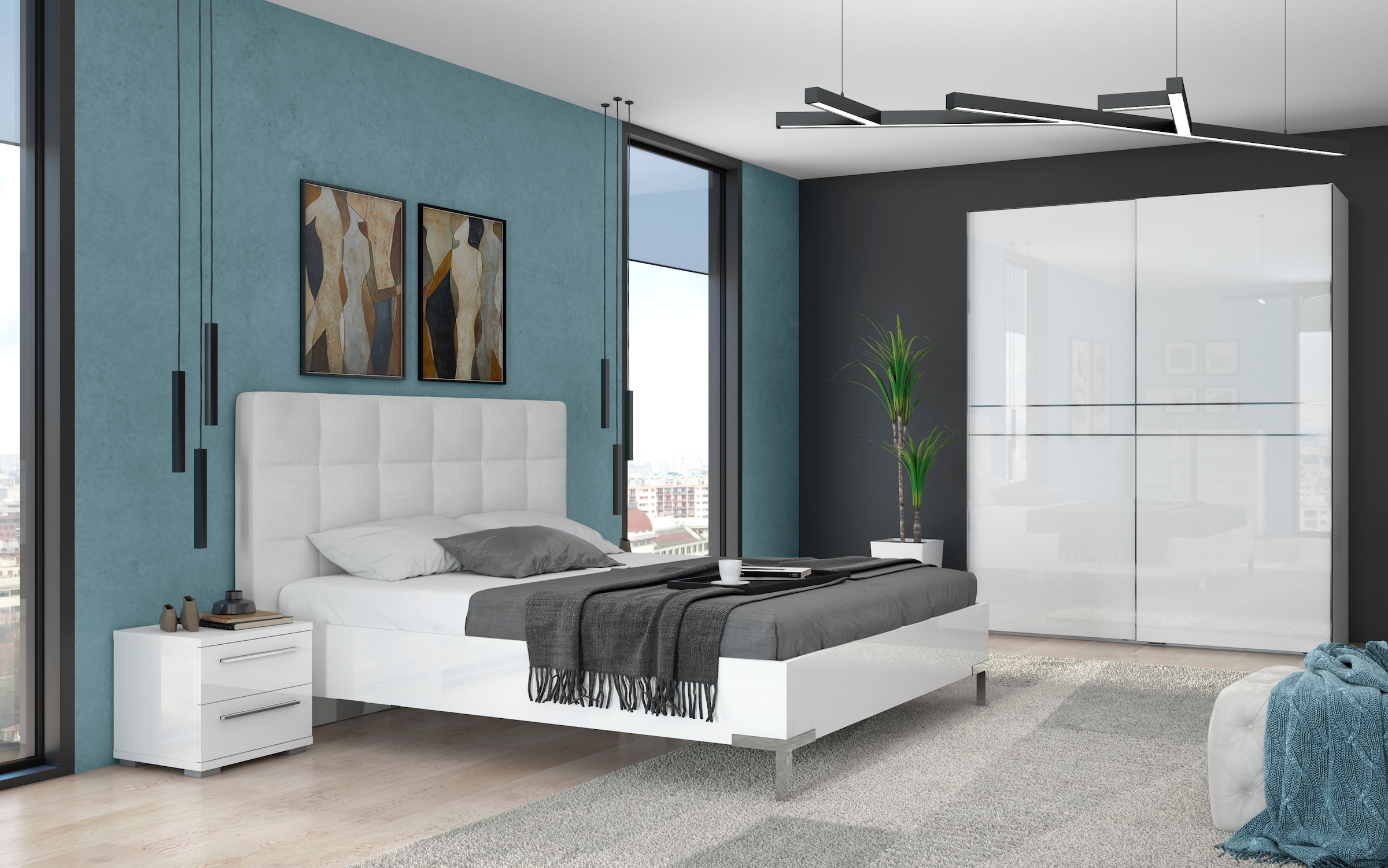 GOODproduct Schwebetürenschrank »Piano, FSC-zertifiziert, mit Einlegeböden und Kleiderstangen« in 3 Breiten, 224cm hoch, mit verchromten Aufleistungen,  UV lackiert, hochglänzend, mit Soft-Close Funktion, in beige oder weiss